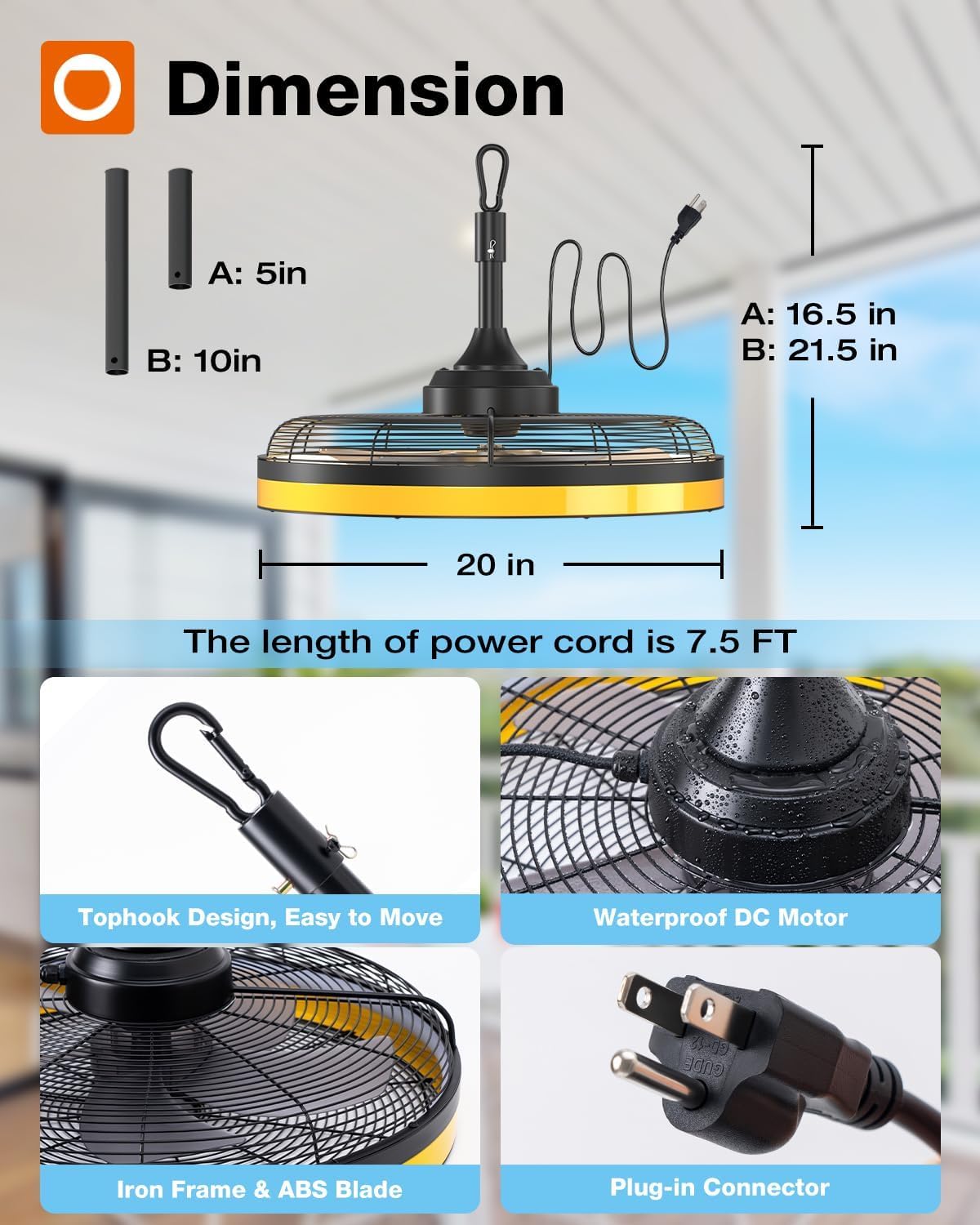 addlon Outdoor Ceiling Fan with Light for Patios, 20 inch Black Waterproof Gazebo Fan Remote&APP Control,6 Speeds 3CCT Dimmable,DC Motor, Plug in Ceiling Fan with Hook Hanging for Pergola Porch Canopy