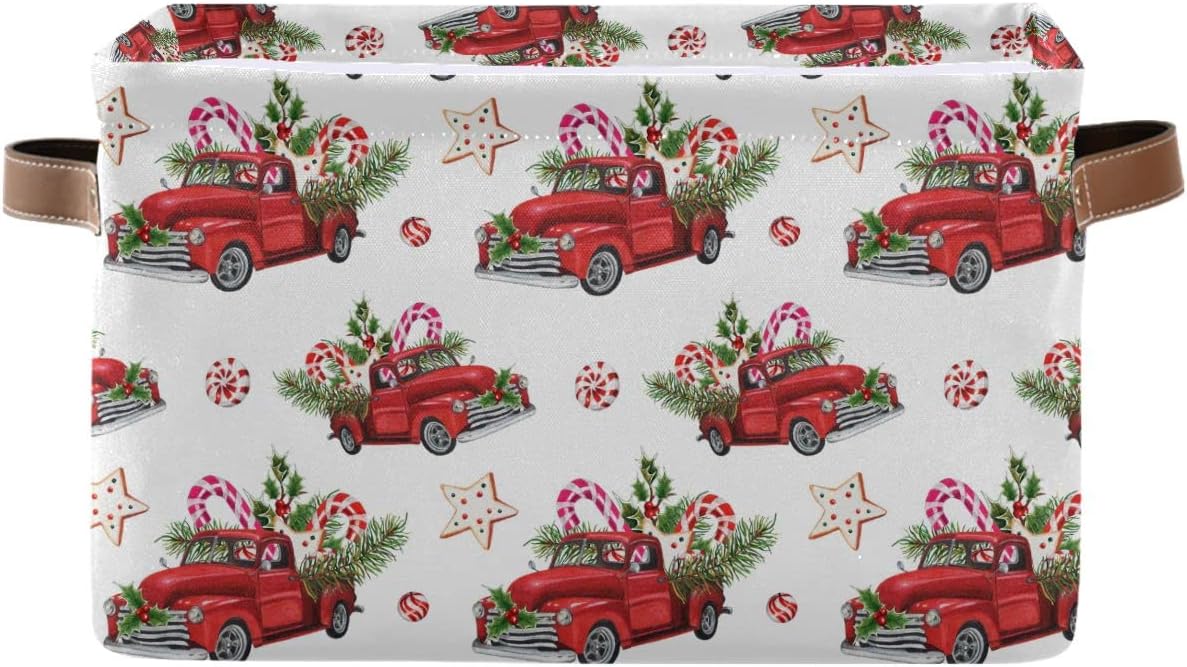 Christmas Truck Candy Canes Red Storage Basket Fabric Laundry Baskets Winter Snowflake Snowman Storage Boxes Organizer Bag for Baby Cloth Dog Toy Book Storage Cubes Shelf Closet Bins 16×12×8 Inches