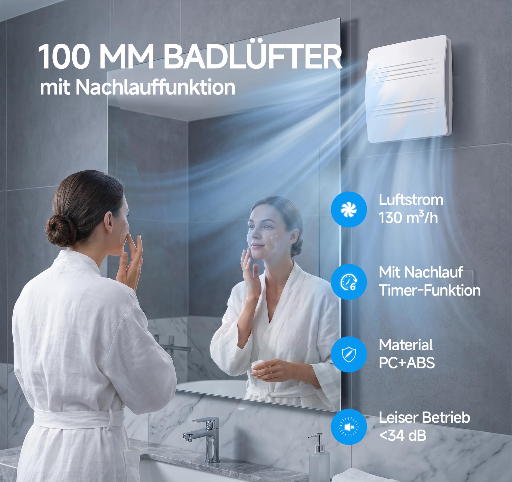 MOCINE Badlüfter 100 mm, Badezimmer Abluftventilator mit Nachlaufsteuerung | 6-stufig einstellbare Laufzeit mit integriertem Display, leiser WC Lüfter gegen Feuchtigkeit und Gerüche, B05