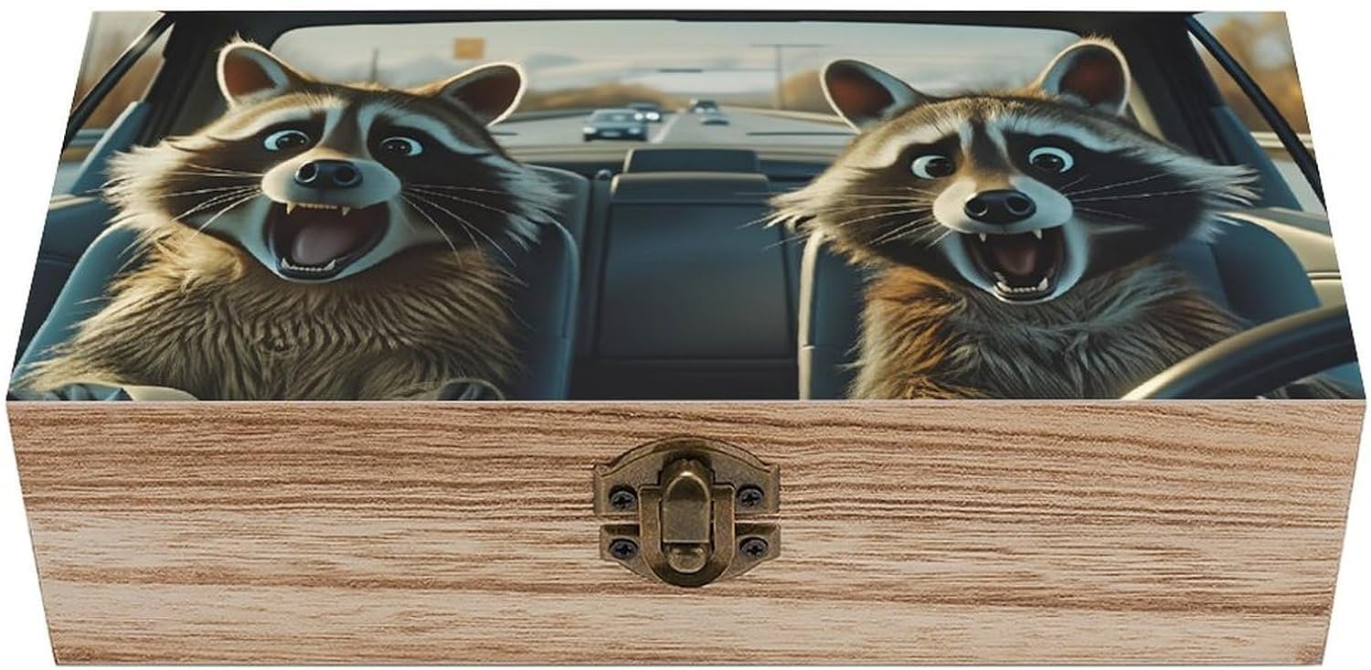 Raccoons Driving Car Funny AnimalWooden Storage Box 7.9"x3.9"x2.3",Retro Solid Wood Hinged Lid Organizer for Keepsakes Jewelry Photo Decor Gift