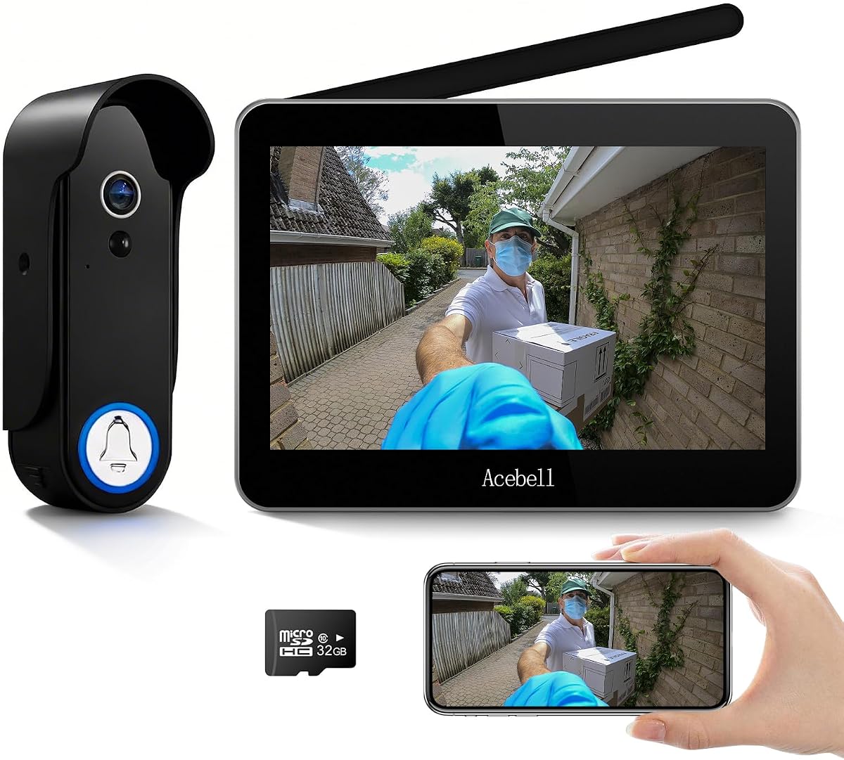 Sistema de intercomunicación con timbre con vídeo inteligente inalámbrico, cámara con timbre con vídeo WiFi 1080P con monitor, videoportero con pantalla táctil de 7 pulgadas, detección de movimiento, sin suscripción, control de aplicación