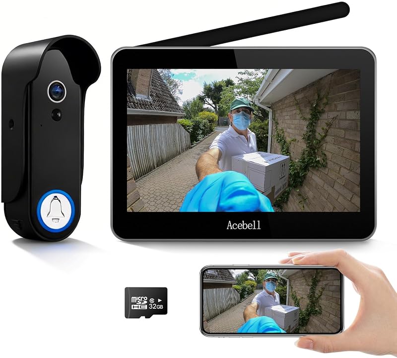 Sistema de intercomunicación con timbre con vídeo inteligente inalámbrico, cámara con timbre con vídeo WiFi 1080P con monitor, videoportero con pantalla táctil de 7 pulgadas, detección de movimiento, sin suscripción, control de aplicación