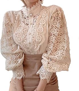 Women’s Elegant Lace Trim Shirts Casual Victorian Blouse Long Sleeve But...