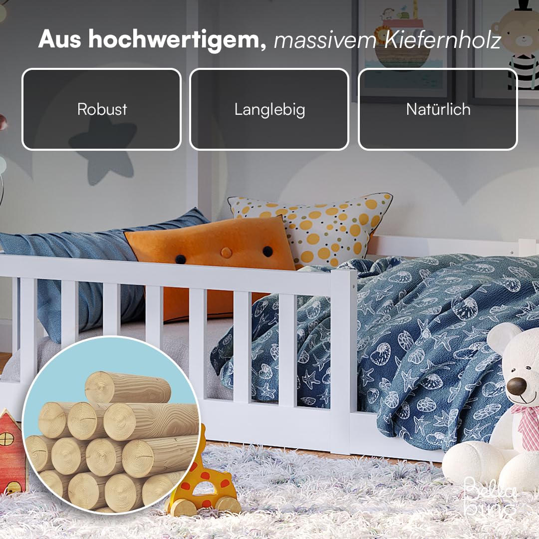 Bellabino Bia Kinderbett 90x200 cm – Bodenbett mit Rausfallschutz & Lattenrost – Hausbett aus Massivholz Kiefer – Montessori Kinder Bett in Weiß für Jungen und Mädchen