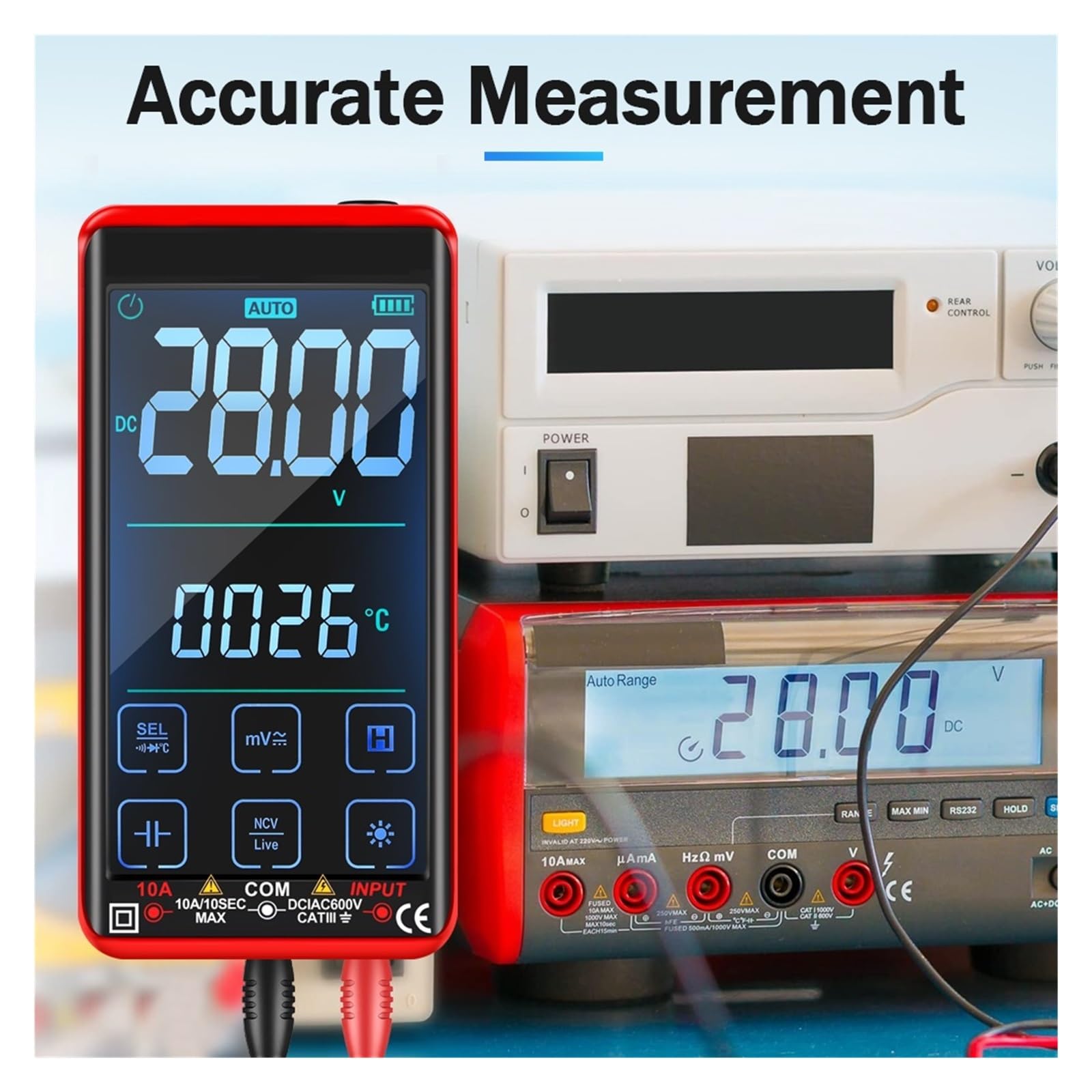 Comprobador MultíMetro Multímetro Táctil Automático Multímetro Digital Inteligente Electricista Profesional Ohm Capacitancia 10A AC DC Multímetro Precisión Seguro(2Pcs Touch Red)
