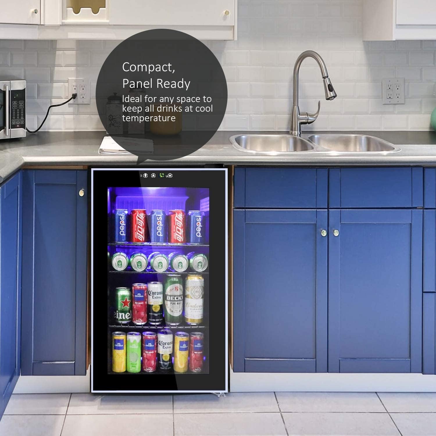 WATOOR JC-36 Beverage Refrigerator placed under a kitchen counter