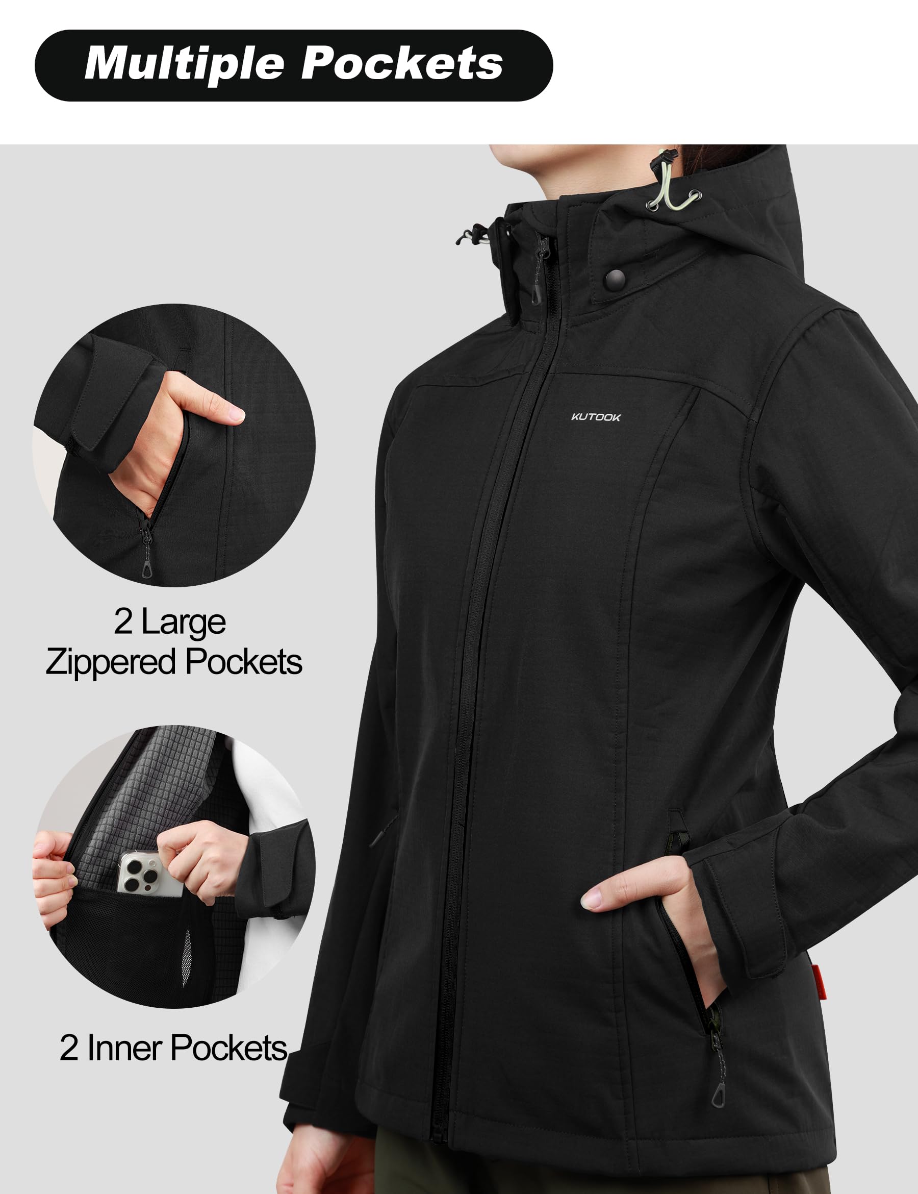 KUTOOK Veste Softshell Cycliste Hiver Femme Thermique Respirante Coupe-vent Imperméable Softshell Jacket Cyclisme Randonnée Femme Légère