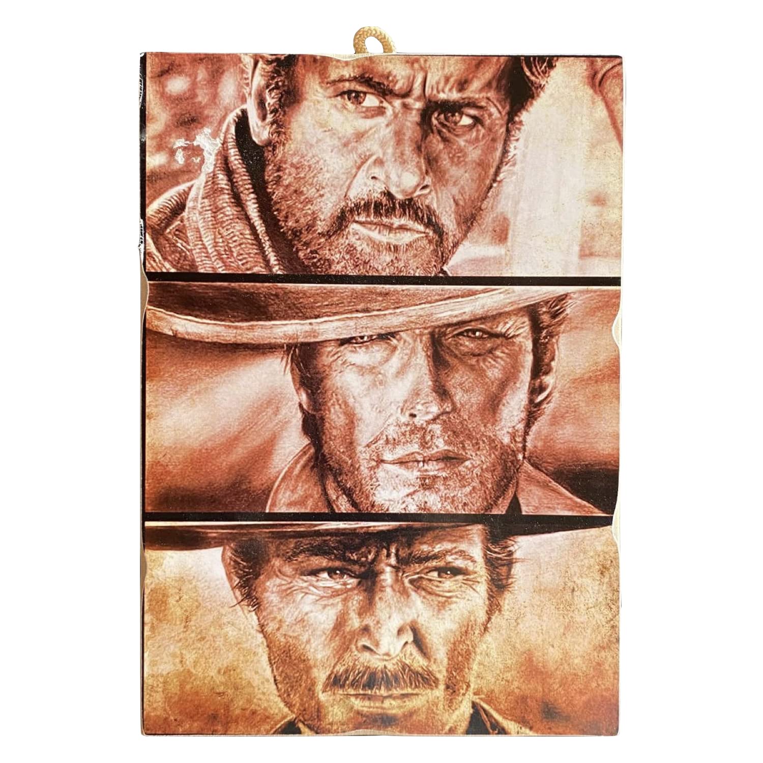 Kustom Art Grey Tones Vintage Style Picture Series Famous Actors Clint Eastwood In Film Ii Good, The Ugly, The Bad Print On Wood 25X18 Cm.