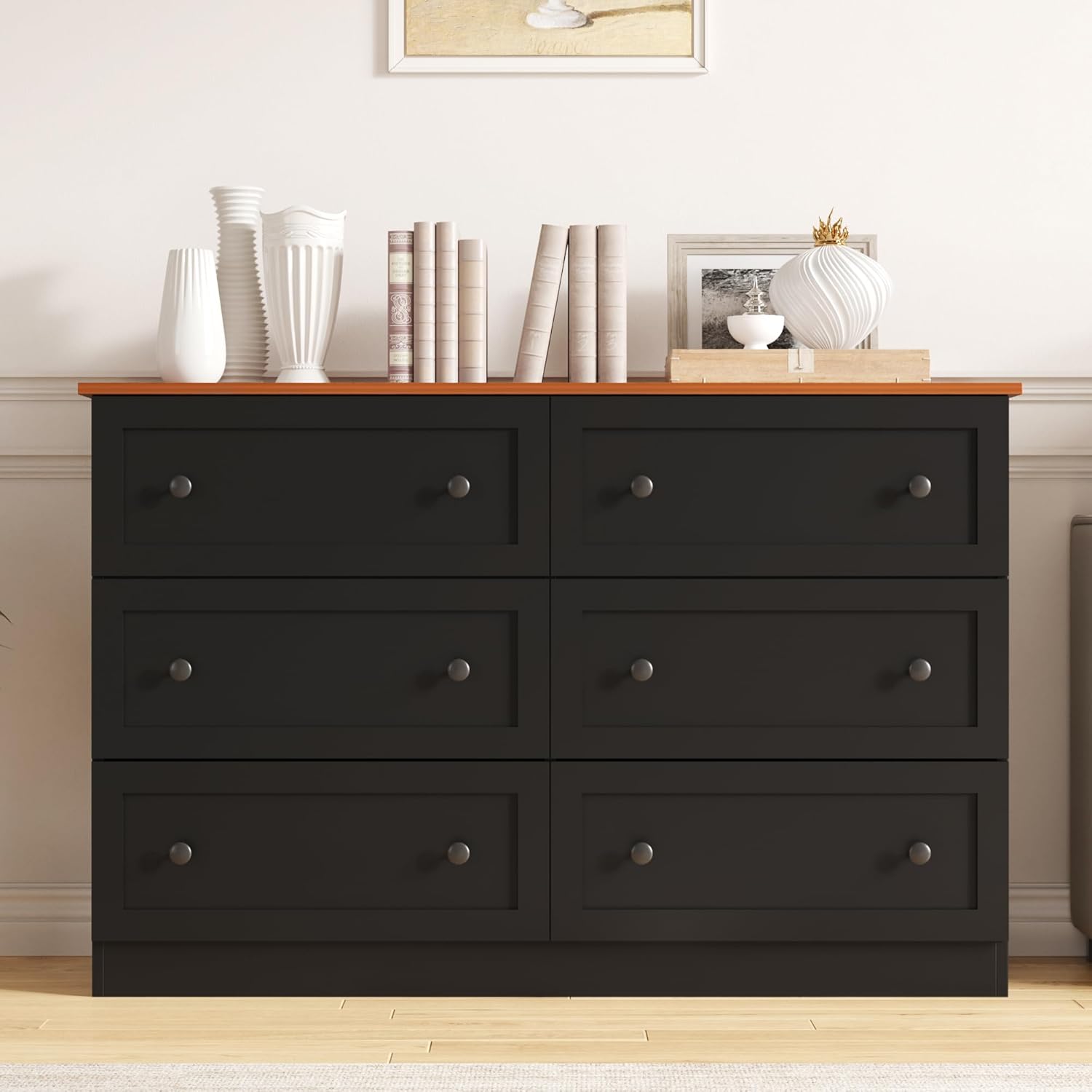 6 Drawers Dresser, 47" Wide Modern Chest of Drawers, Farmhouse Dresser TV Stand Storage Cabinet, Wood Drawer Organizer for Bedroom, Living Room, Hallway, Black