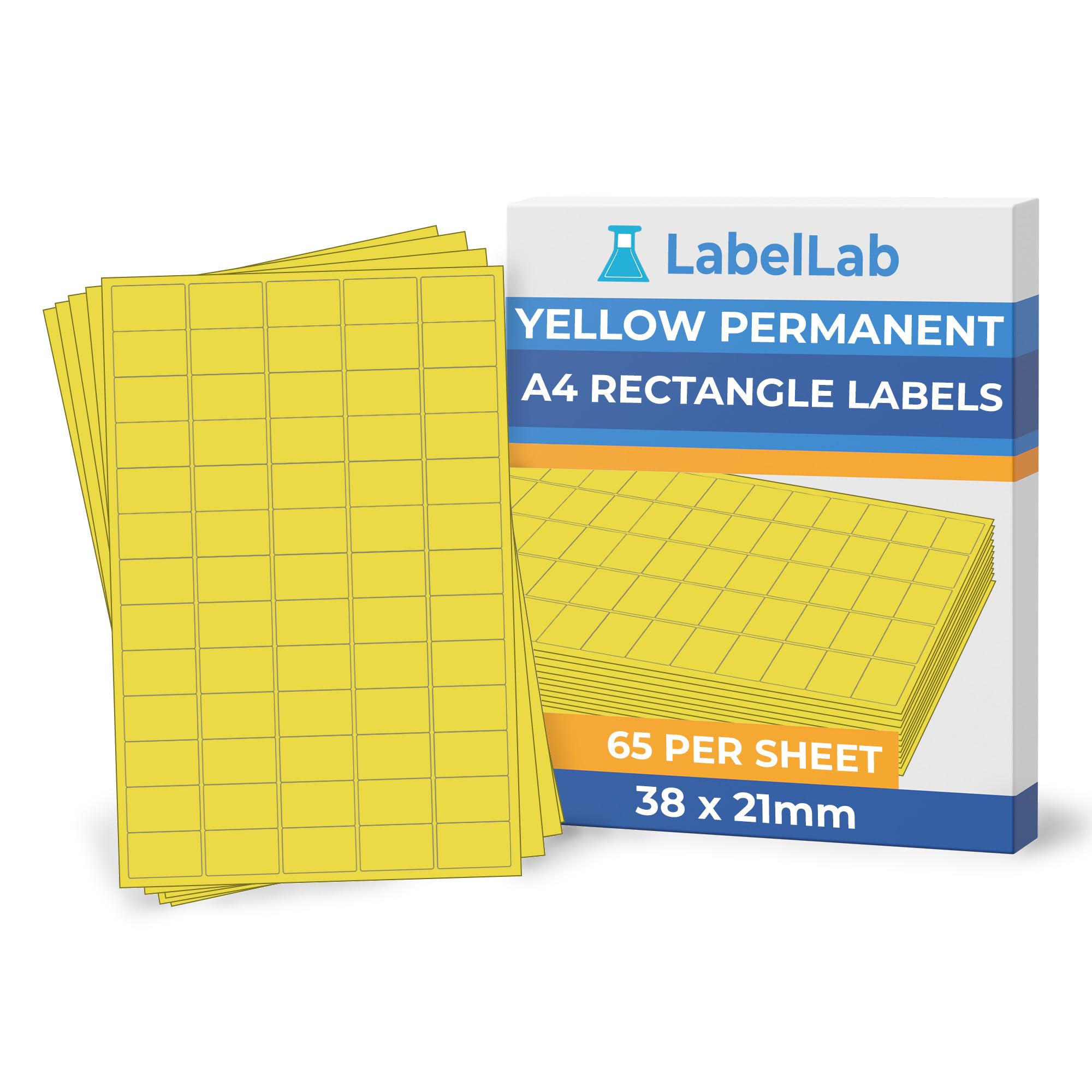 Yellow A4 Rectangle Labels – Coloured Printable Sheet Labels for Inkjet & Laser Printers, Permanent Adhesive – 65 Per Sheet (38 × 21 mm), 500 Sheets – LabelLab