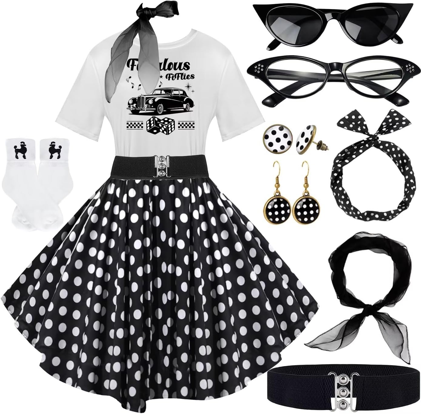 10Pcs Sock Hop Outfits Women, 1950s Poodle Skirts, Poodle T-Shirt with 50s Accessories Socks Scarf Headband Belt Earring
