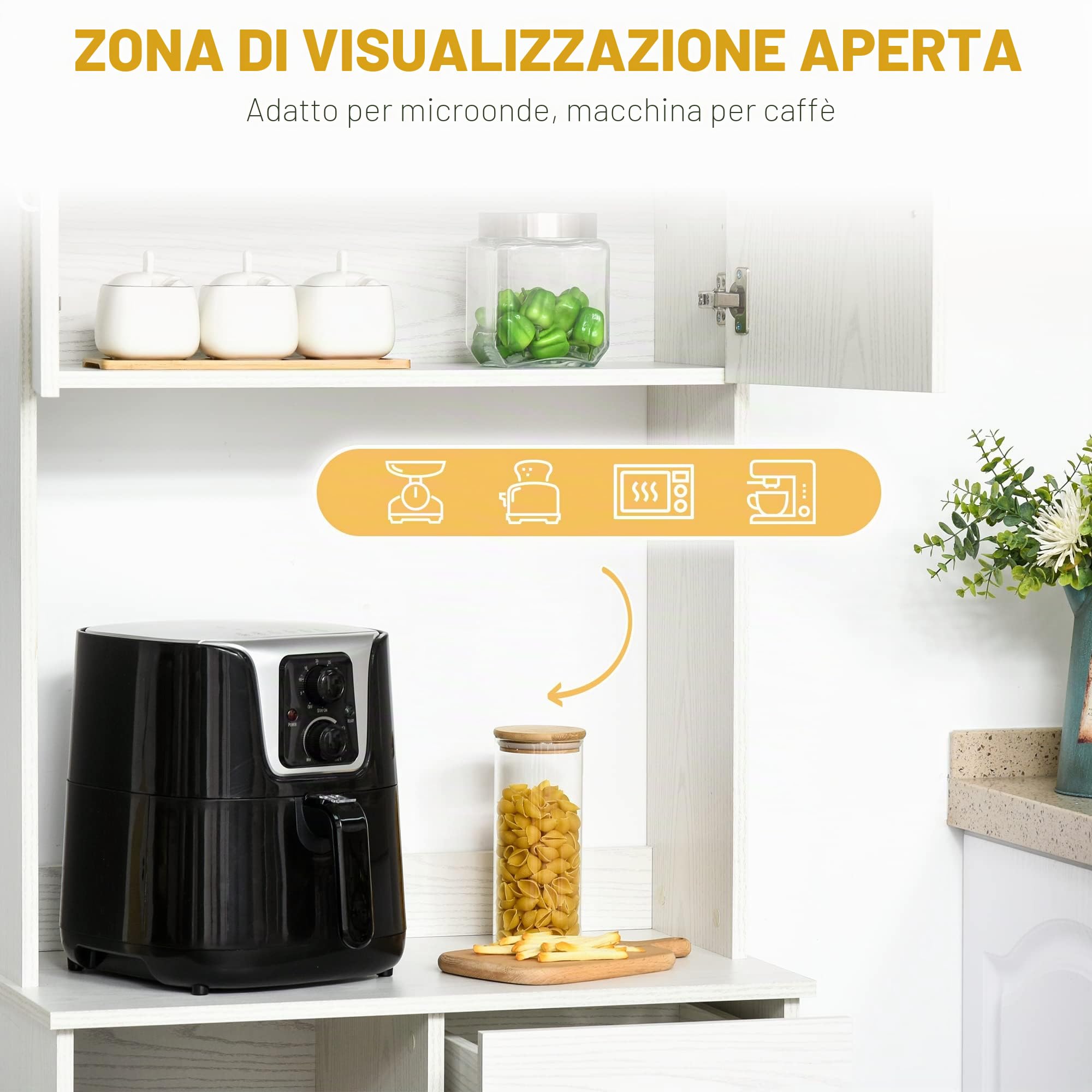 HOMCOM Buffet da cucina multi-storage 4 ante 71x41x178 cm Bianco | Armadio da cucina, 1 cassetto, ripiano + vassoio grande, MDF