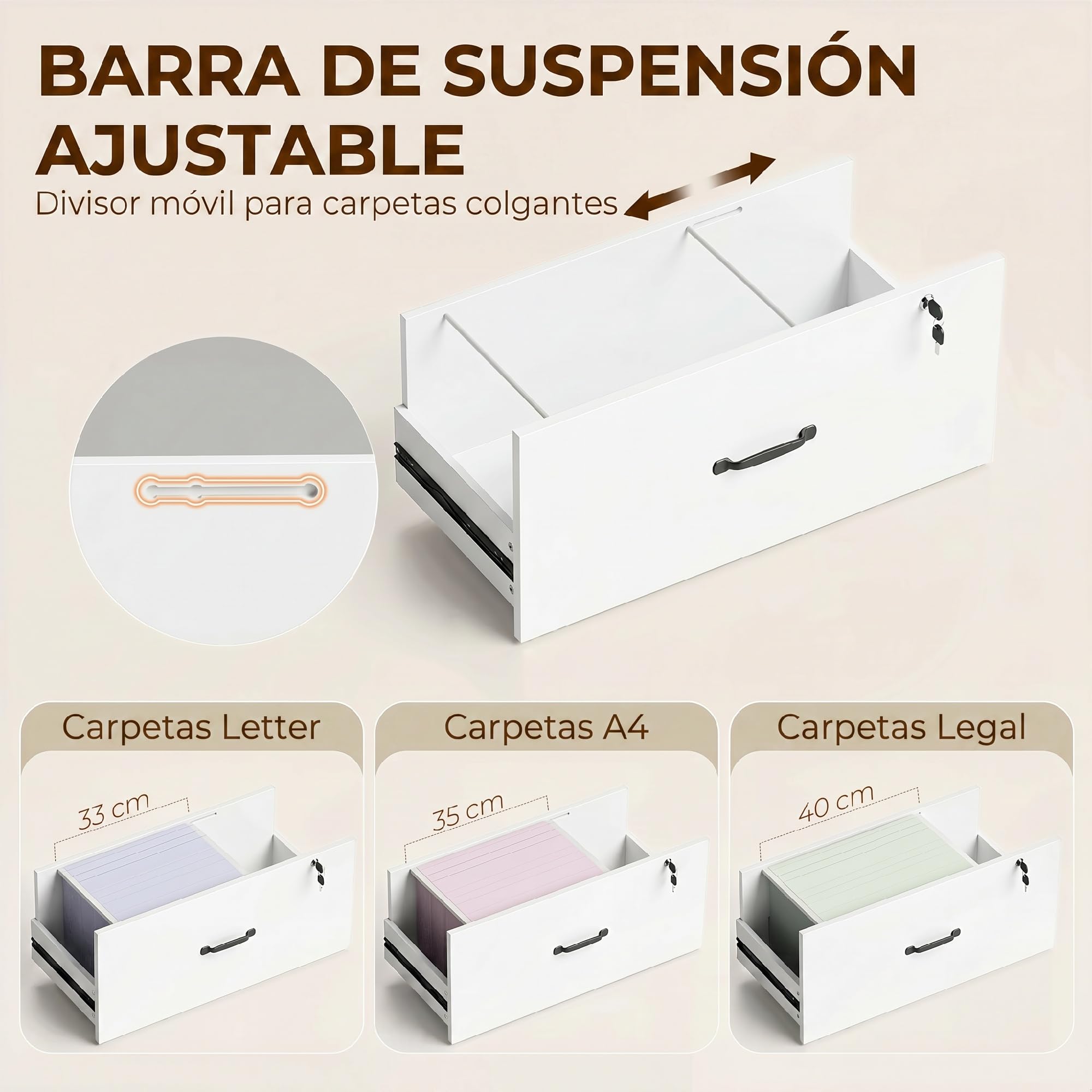 HOMCOM Cajonera Escritorio con Estantería, Mueble Archivador con 2 Cajones, Encimera para Impresora, Cerradura, para A4 Letter Legal, para Oficina, Estudio, Blanco