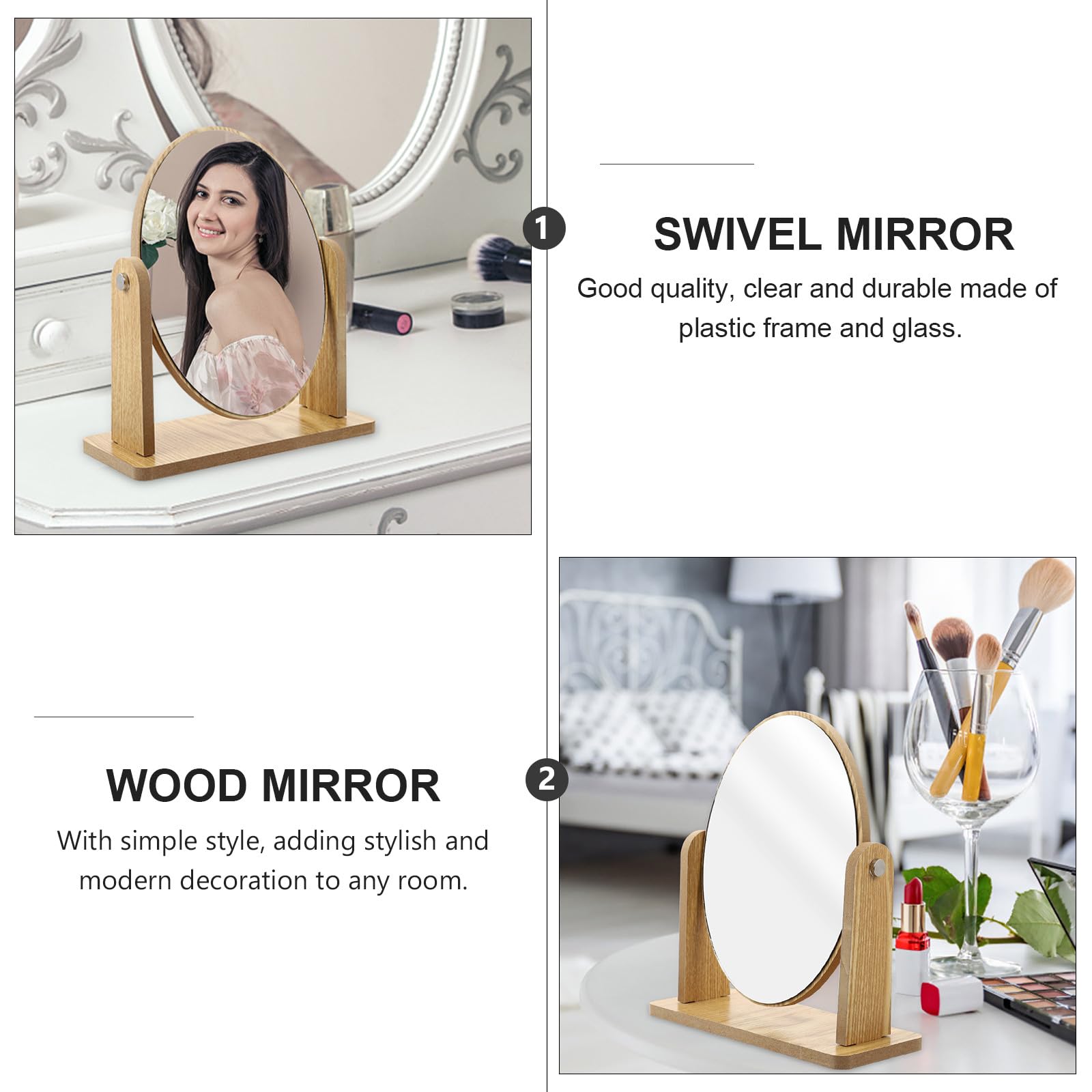 Specchio per Trucco in Legno da Tavolo Salvaspazio Supporto Girevole, Design Moderno e Stile Semplice per Vanità e Camere da Letto