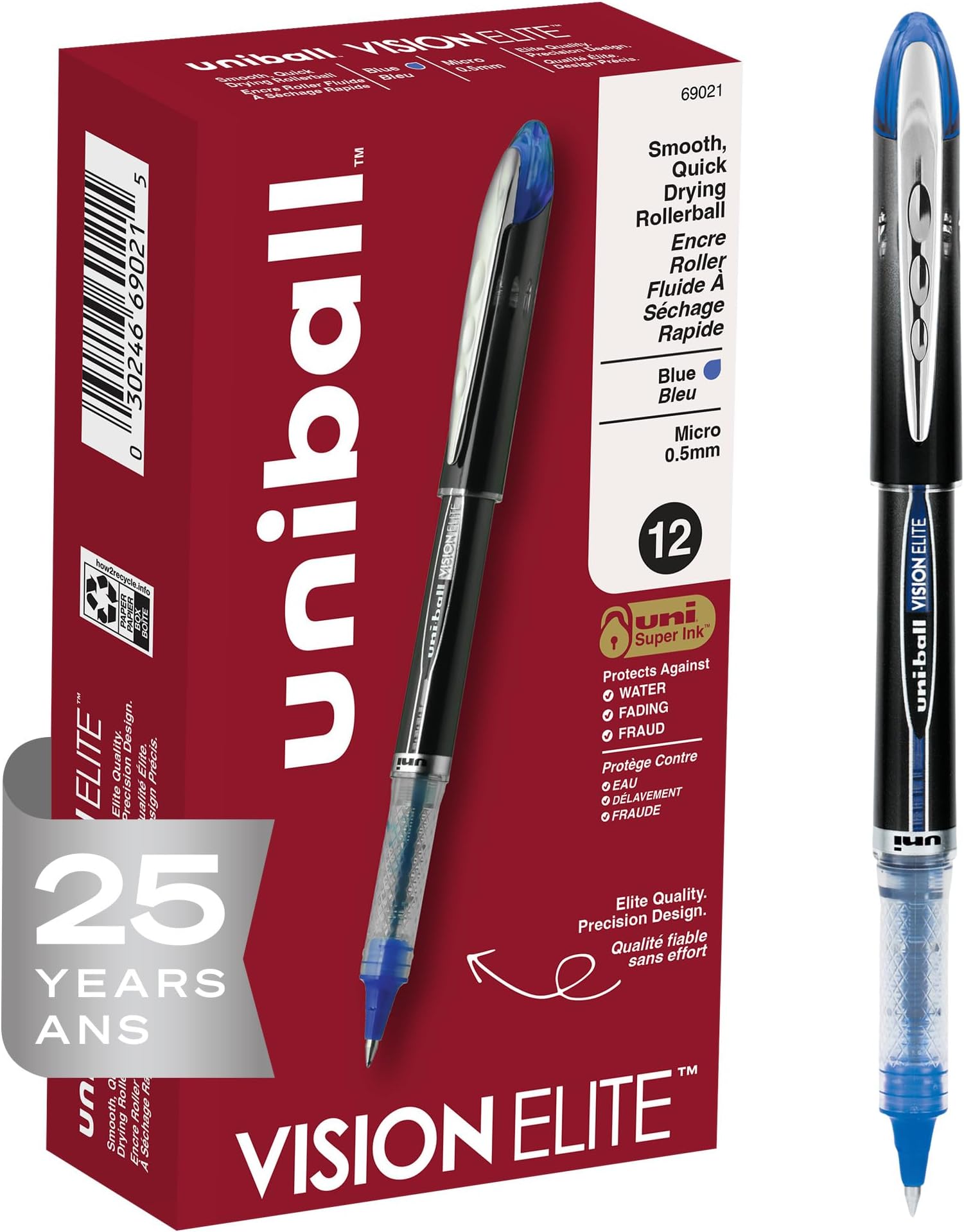 uni-ball Vision Elite Rollerball Pens Fine Point Micro Tip, 0.5mm, Blue, 12 Pack