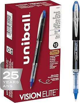 uni-ball uniball Vision Elite Rollerball Pens with 0.5mm Fine Point Micro Tip, Blue, 12 Count