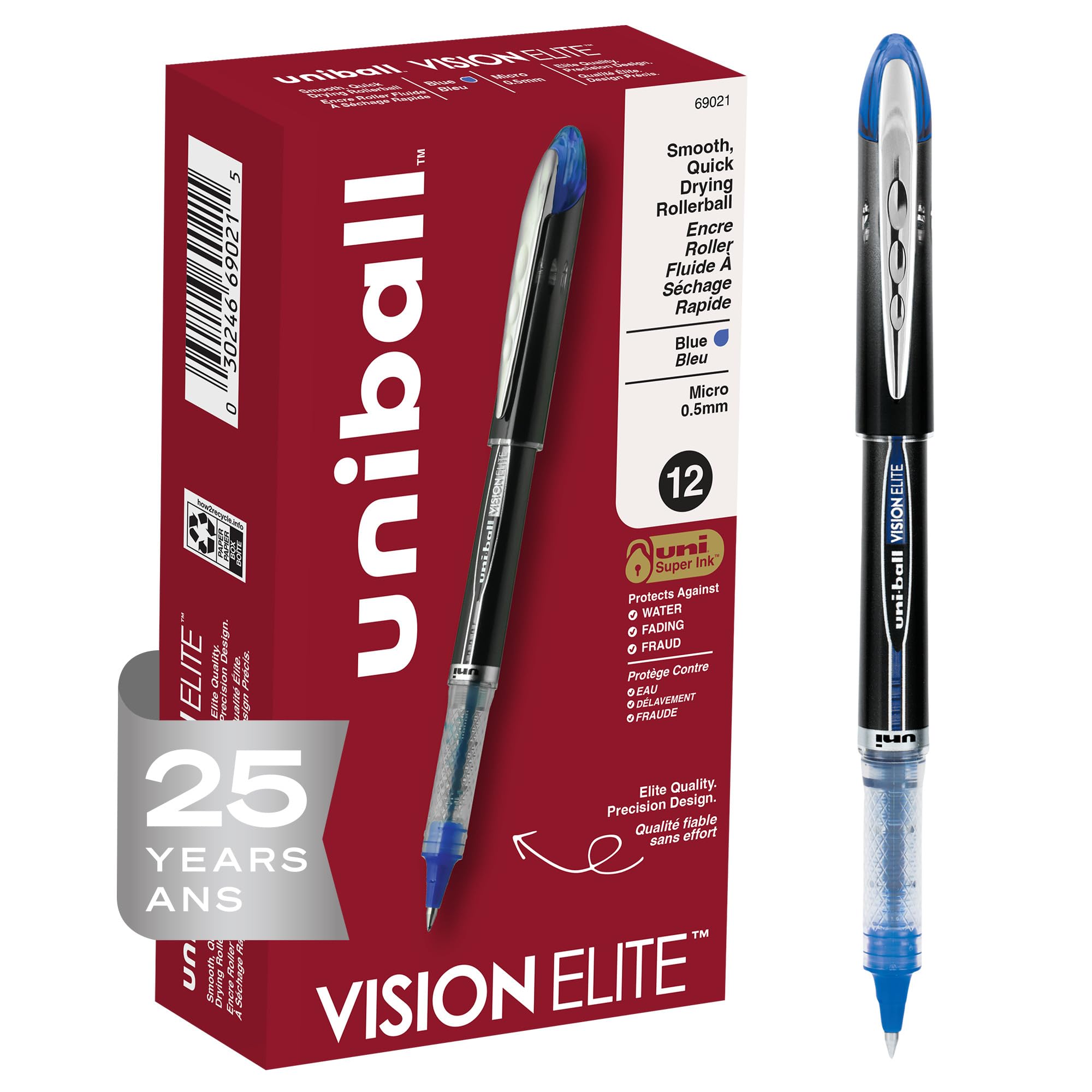 uniball Vision Elite Rollerball Pens with 0.5mm Fine Point Micro Tip, Blue, 12 Count