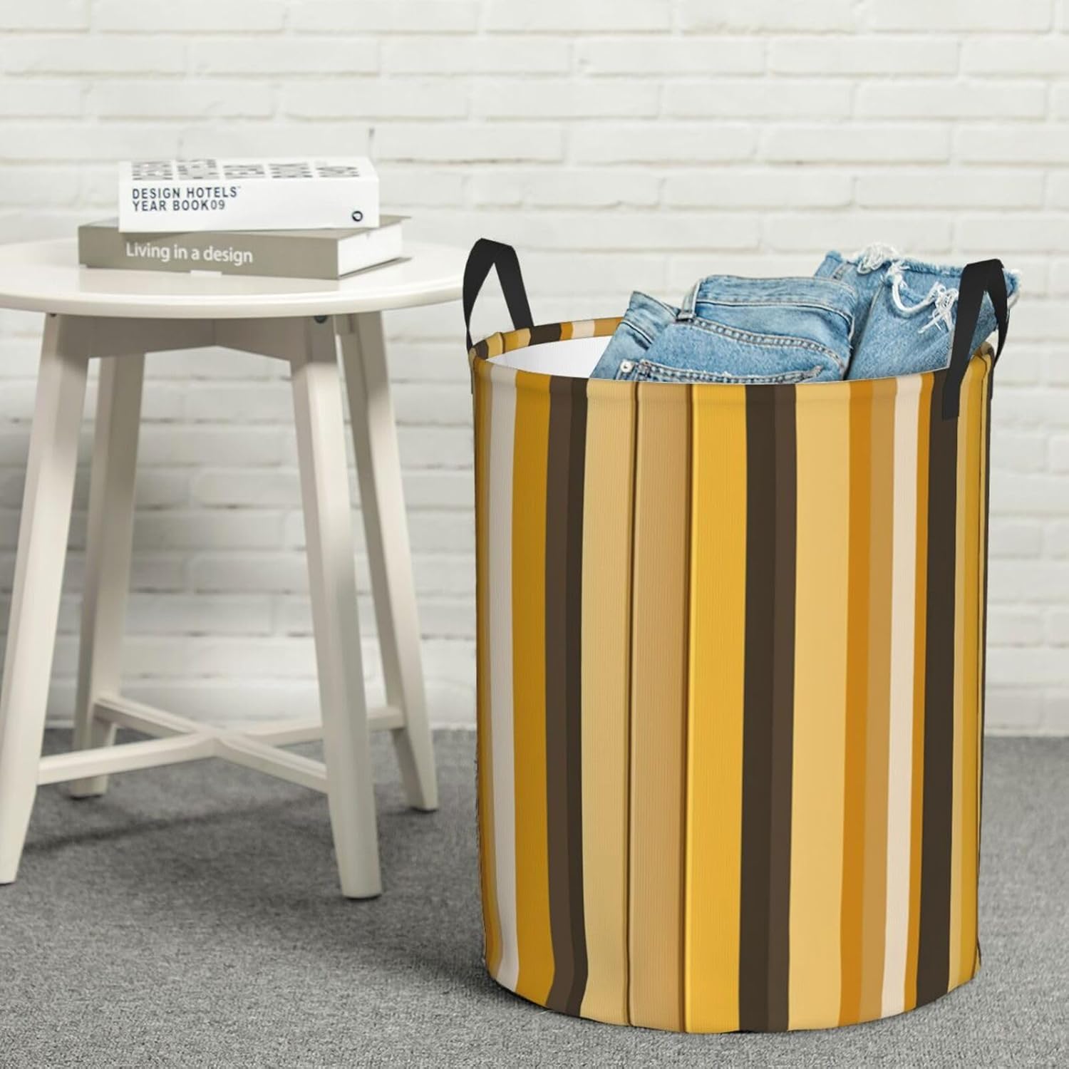 yellow stripes Laundry Basket With Handles, Foldable Laundry Hamper Oxford Cloth Dirty Clothes Basket Waterproof Clothes Toys Storage Bin Organizer for Bedroom Bathroom Dorm