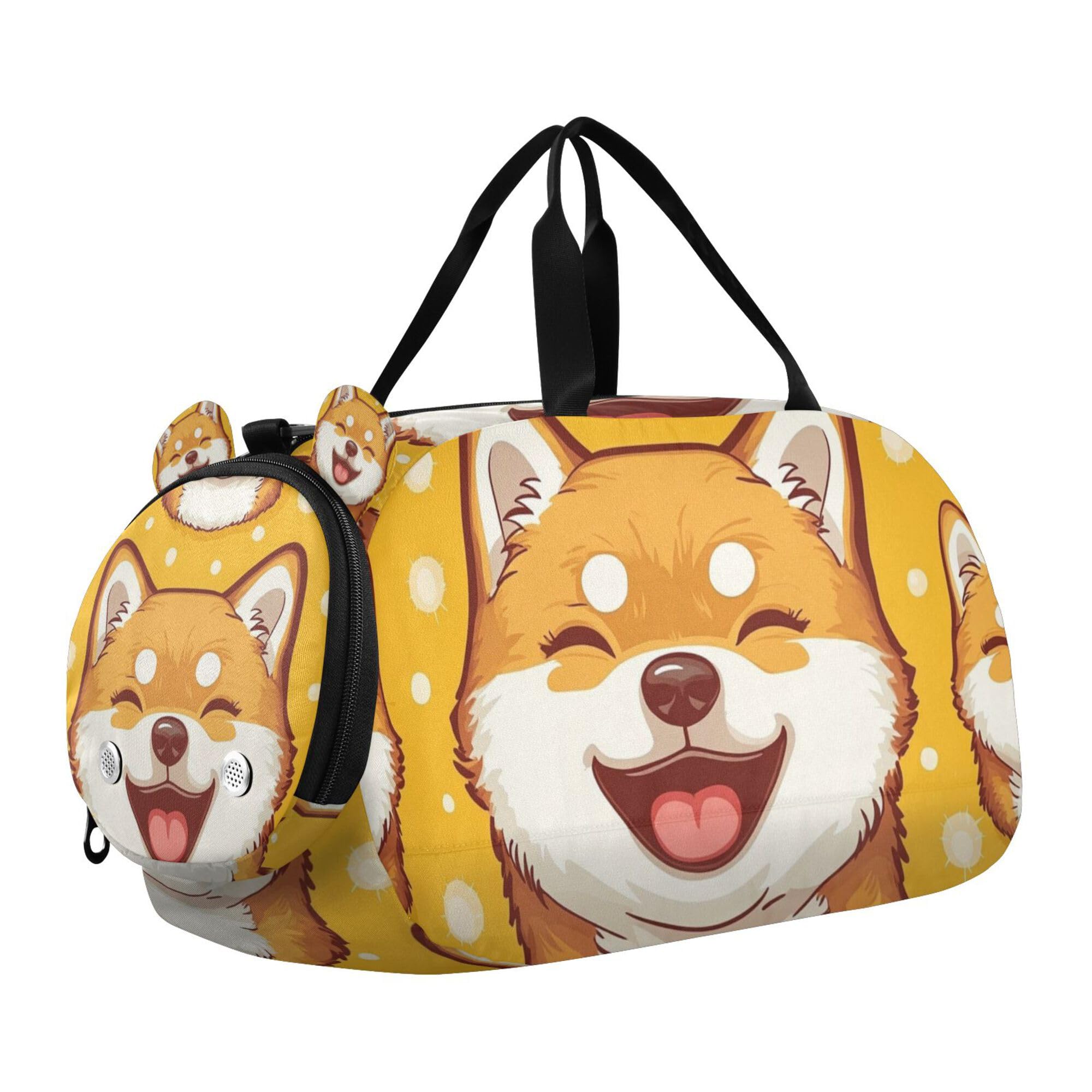 Glaphy Cute Shiba Inu Dog Duffle Bag for Toddler Boys Girls, Gym Sports Bag with Shoe Compartments, Kids Travel Overnight Weekender Shoulder Bag