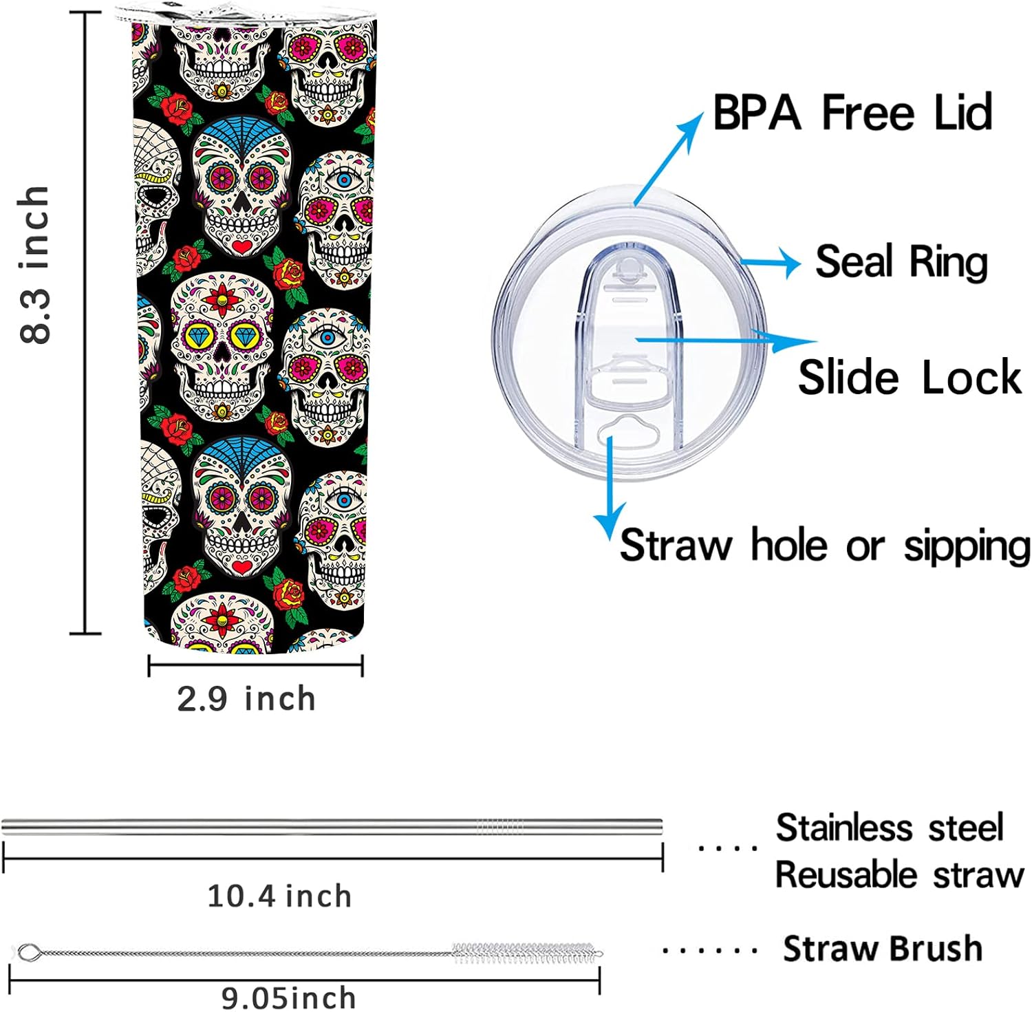 Sugar Skull Skinny Tumbler Cup with Straw Lid, 20 OZ Stainless Steel Insulated Vacuum Slim Travel Coffee Mug for Skull Lover - Image 2