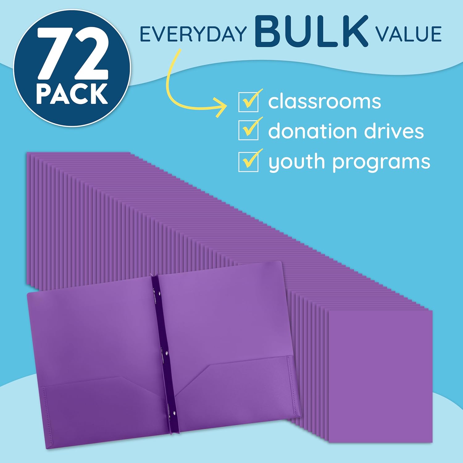 Blue Summit Plastic Folders with Prongs Bulk, 3 Prong Folders with Pockets Bulk, Purple Folder, 72 Pack