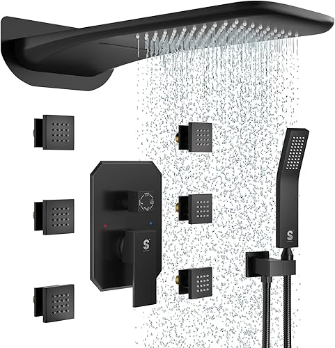 Miniatura 9 de SR SUN RISE Juego de ducha negro mate de 20 pulgadas, de lujo, juego combinado de ducha montado en el techo, grifo de ducha (contiene grifo de