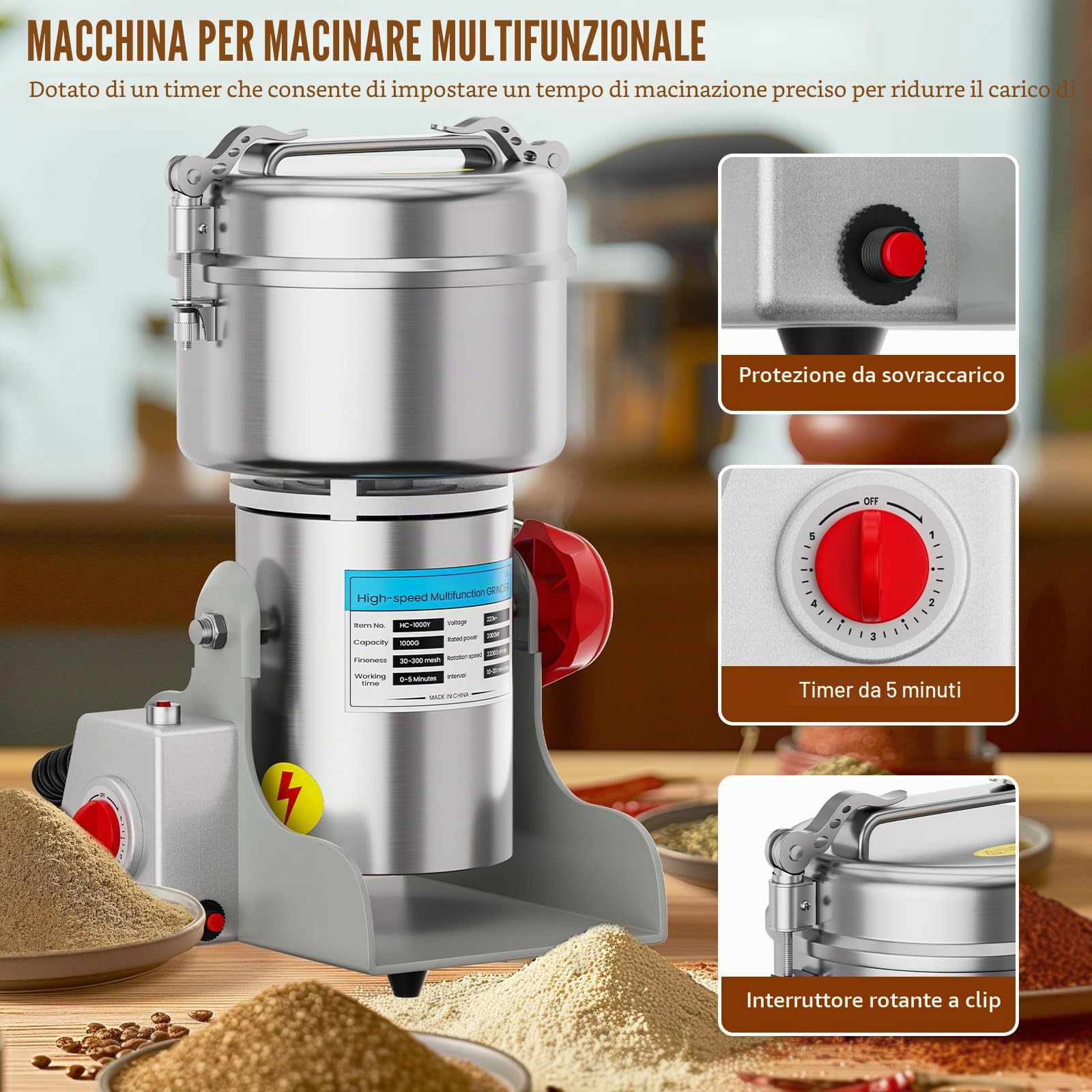 Mulino elettrico per grano da 1000 g, frantoio per grano 3000 W ad alta velocità, macchina per polvere commerciale con protezione da sovraccarico per cereali secchi, riso, chicchi di mais