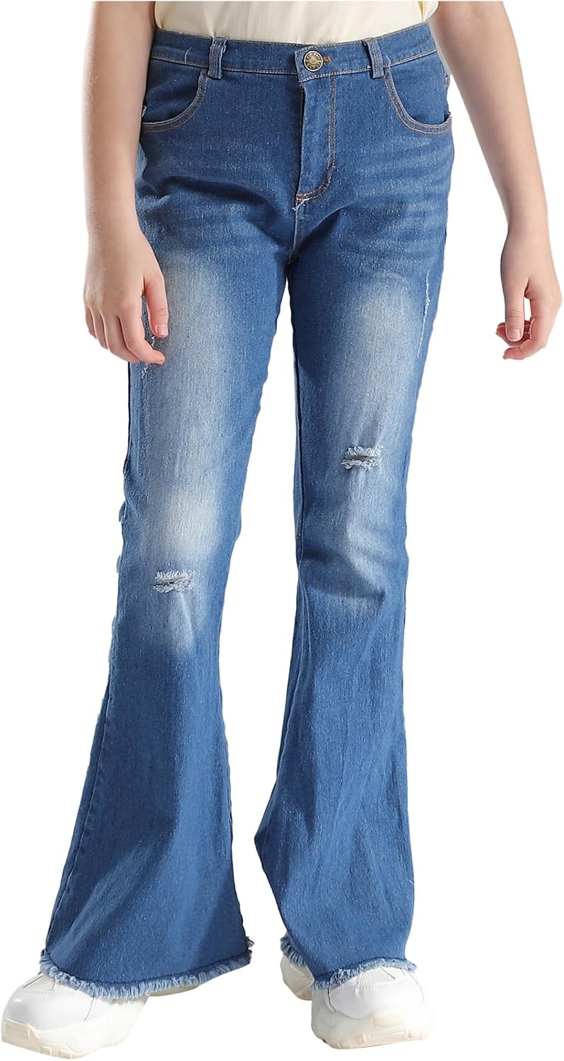 Kids Girls Flare Jeans Bell Bottoms Denim Pants Split Raw Hem Casual Denim Trousers