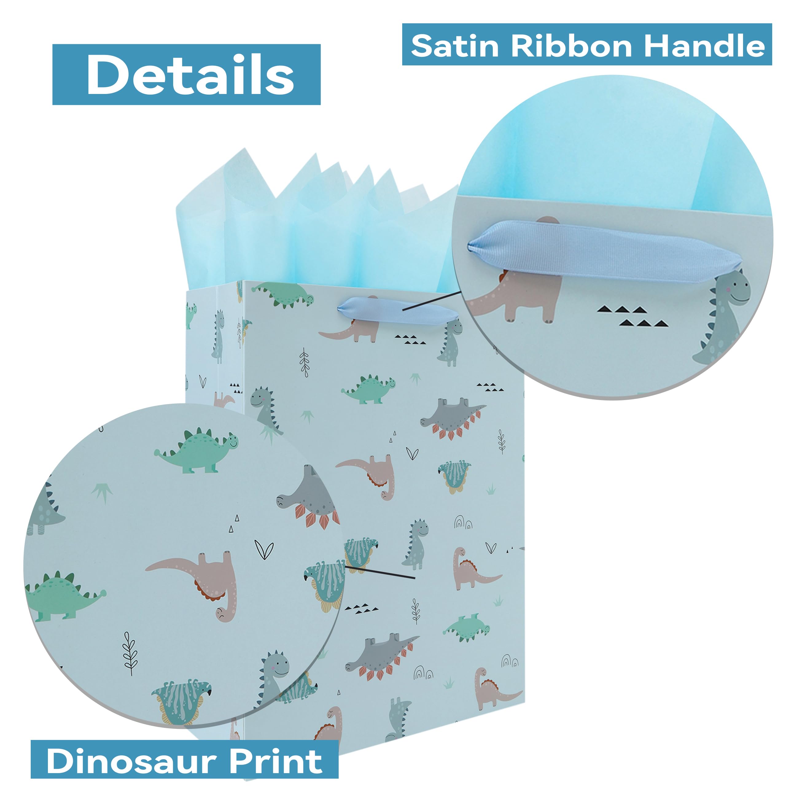Qirrmiy 16.5'' Extra Large Dinosaur Gift Bag Set with Handles, Greeting Card, Blue Tissue Papers and Stickers for Boys Kids Teens for Birthday, Baby Shower, Baby Boy, Dinosaur-themed Design, 1 Pcs
