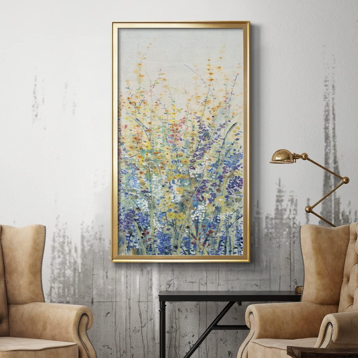 Renditions Gallery Wildflower Panel I Modern Decoration 8"x16" inches Gold Framed Colorful Flower Artwork Canvas Wall Art Oil Painting Prints for Office and Home Décor