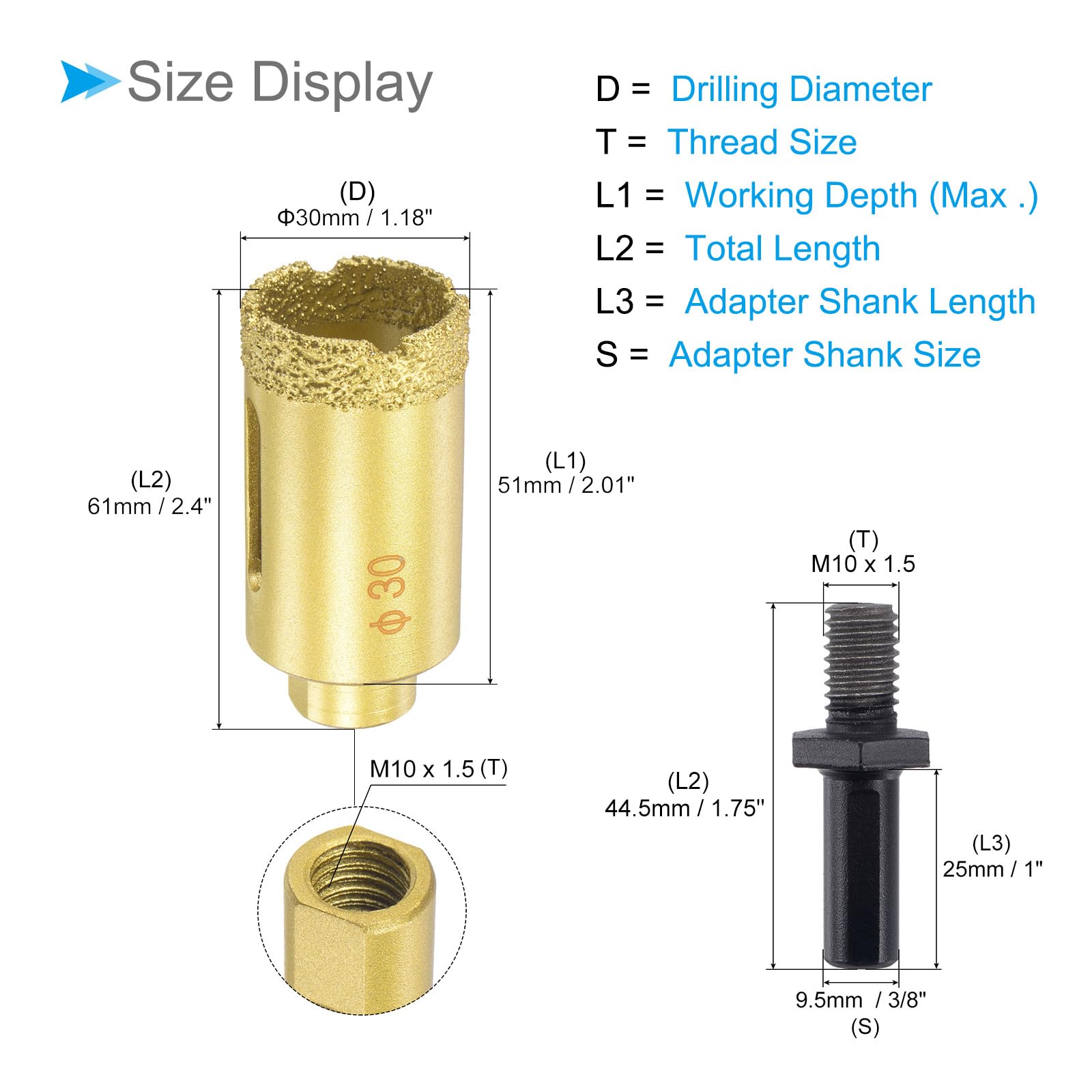 CoCud Diamond Drill Bits Set, 30mm Cutting Diameter, Brazed Diamond Core Drill Bits with M10 Arbor Adapter - Image 2