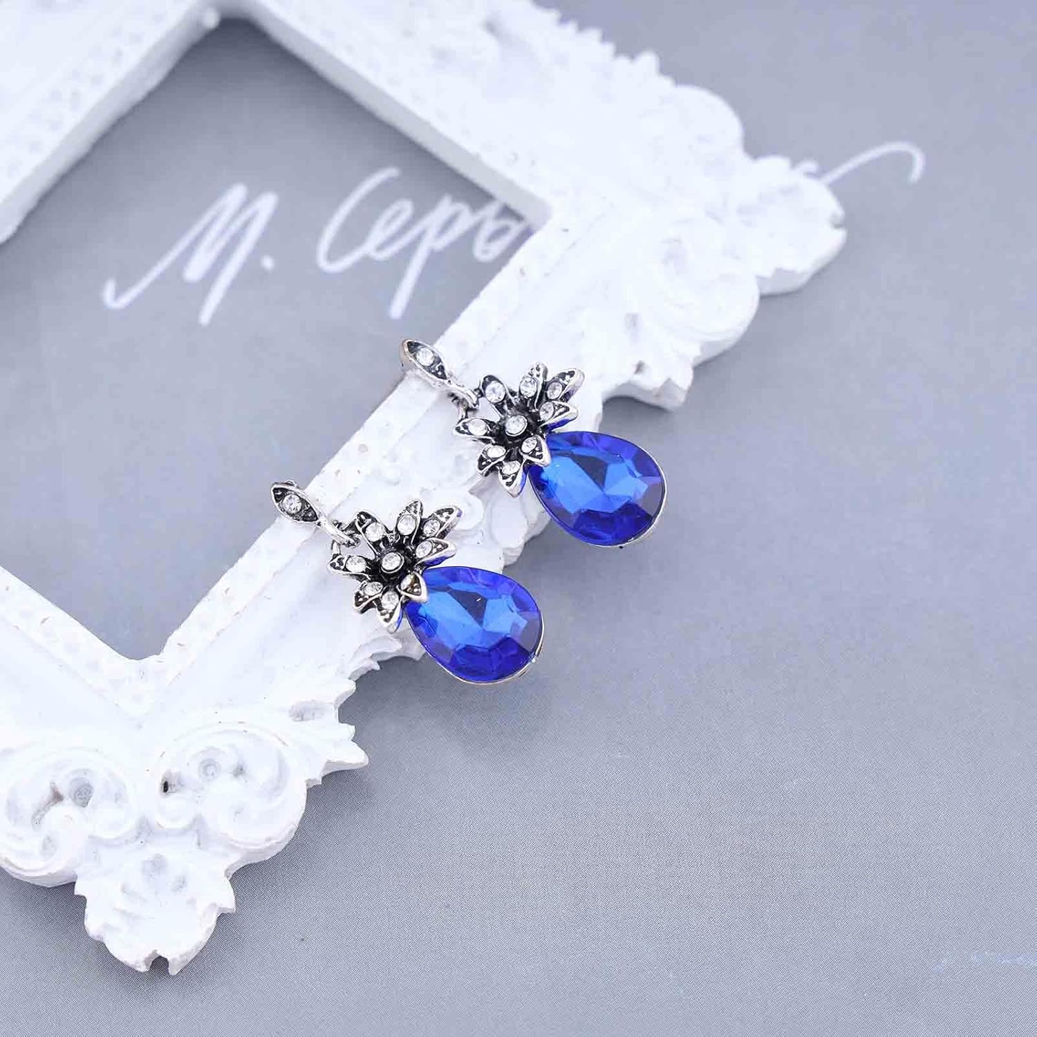 Andelaisi Boho Teardrop Sapphire Dangle Earrings Vintage Crystal Flower Stud Earrings Silver CZ Mandala Flower Earrings Personalized Sapphire Earrings Jewelry for Women - Image 6