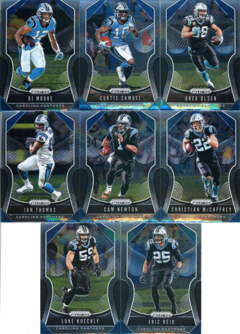 2019 Panini Prizm Football Carolina Panthers Veteran Team Set of 8 Cards: DJ Moore(#174), Curtis Samuel(#175), Greg Olsen(#176), Ian Thomas(#177), Cam Newton(#178), Christian McCaffrey(#179), Eric Reid(#180), Luke Kuechly(#181)