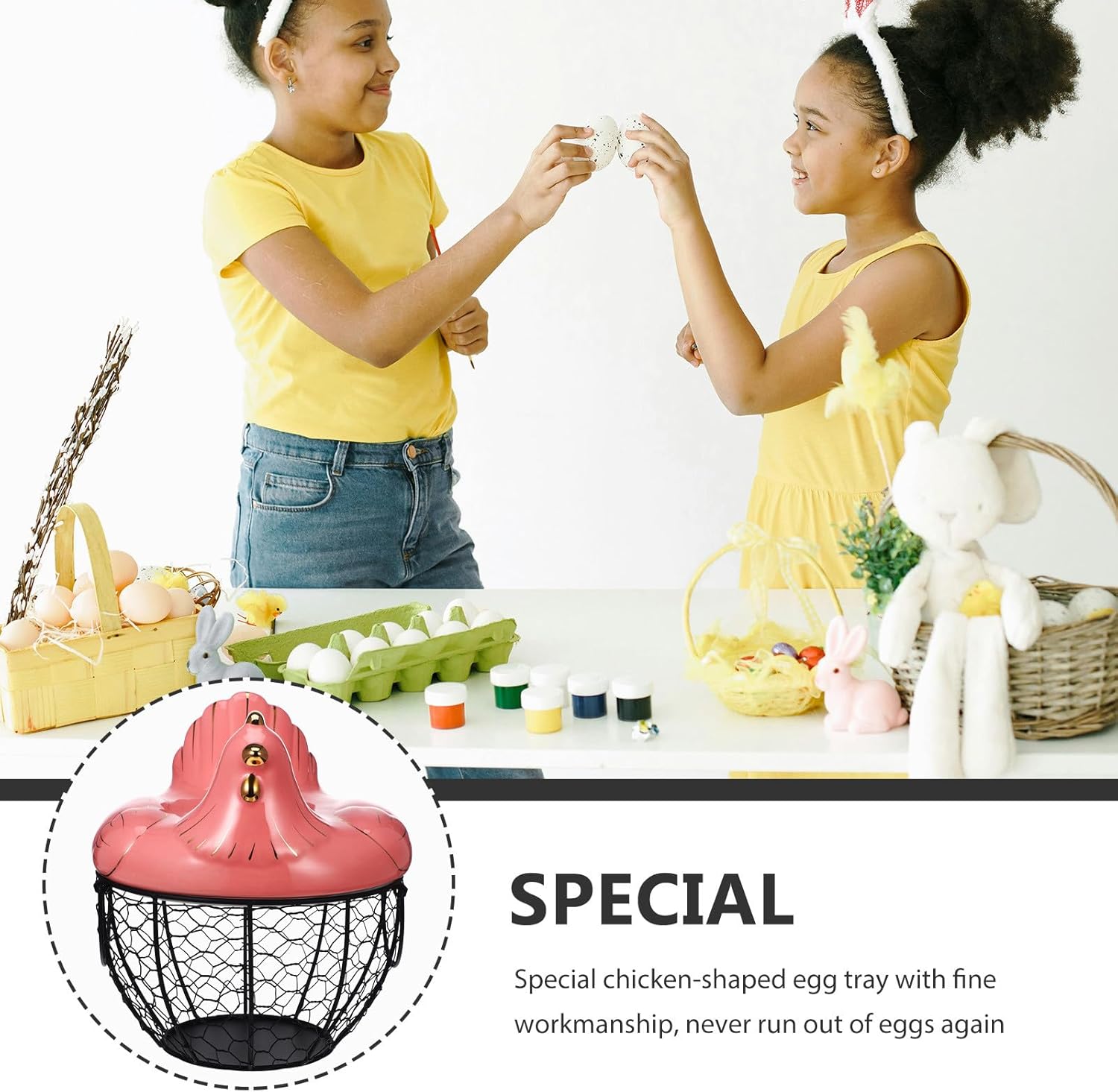 Iron Art Egg Storage Basket and Fruit Container Chicken Shape, Pink Metal Wire Organizer for Kitchen Countertop, Rustic Farmhouse Decorative Holder for Eggs and Produce