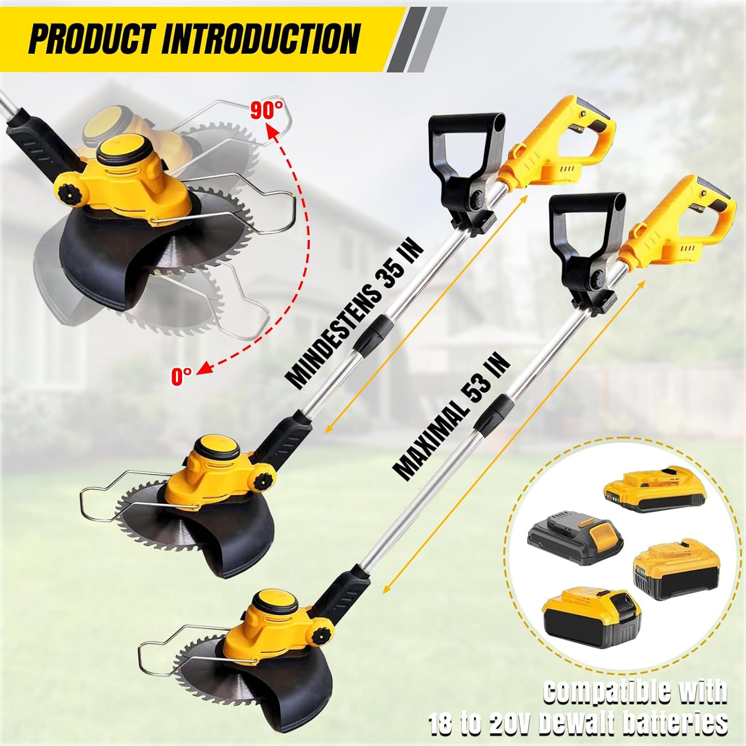 Cordless Weed Wacker for Dewalt 20V Battery, 4-in-1 Battery-Powered Mower, Lightweight Cordless Weeder for Lawn, Yard and Brush Mowing (Battery Free, Yellow)