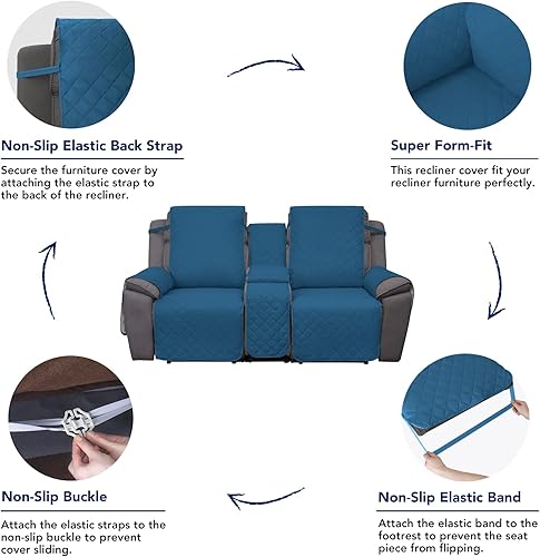Miniatura 4 de PureFit Funda reclinable de 2 asientos para sofá biplaza, azul pavo real, beige, resistente al agua, reversible, protector de muebles para sofá