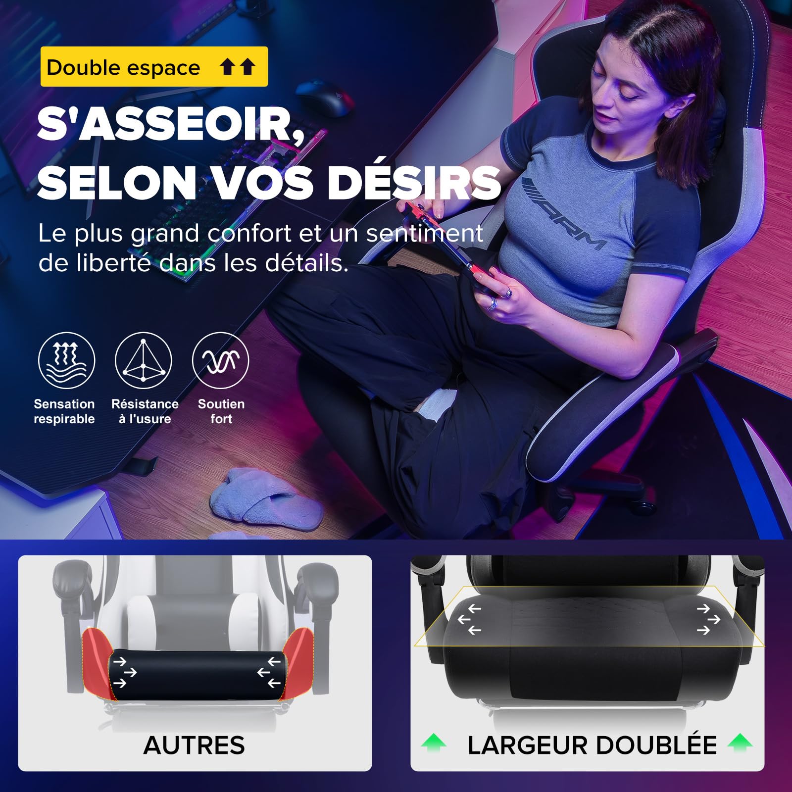 GTPLAYER Chaise Gaming Bureau Ergonomique Fauteuil Gaming Tissu, accoudoir inclinable, avec Repose-Pieds, Supporte 150 kg, Noir