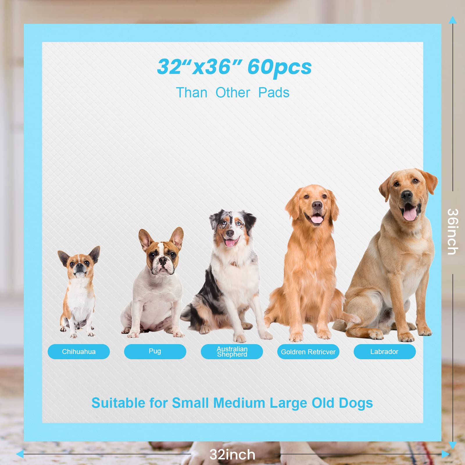 60 almohadillas para orina de perro, extragrandes, 32 x 36 pulgadas, almohadillas desechables para orinal para mascotas, súper absorbentes y a prueba de fugas para entrenamiento en casa, gatos