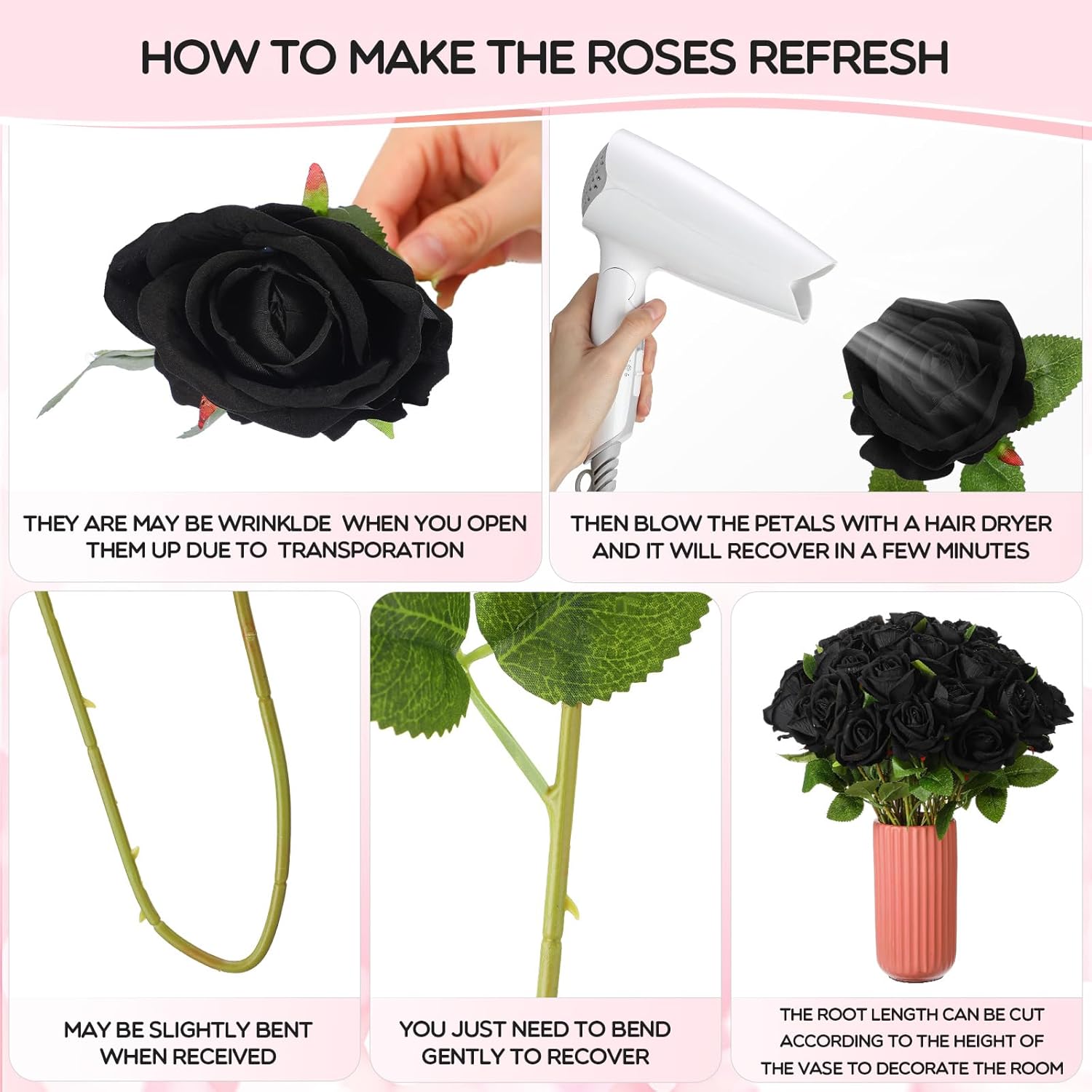 Jexine 100 Pieces Artificial Roses Flowers Bulk, Long Stem Realistic Fake Silk Roses Bouquet for Table Centerpiece Vases Wedding Party Kitchen Decor(Black) - Image 3