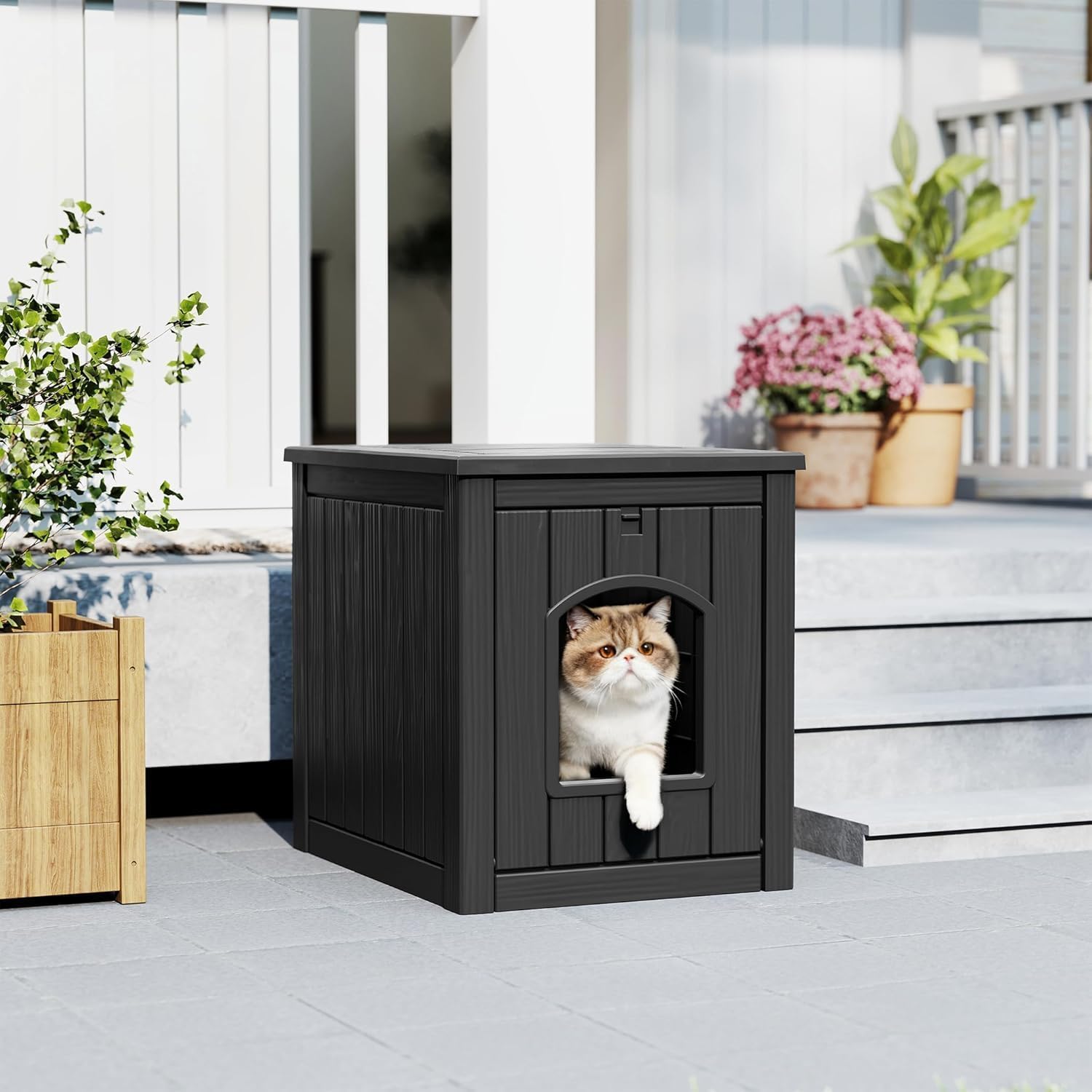 Cat Litter Box Enclosure, Plastic Outdoor Cat House Weatherproof, Multi-Functional Hidden Litter Box Furniture for Living Room, Backyard, Patio, Black