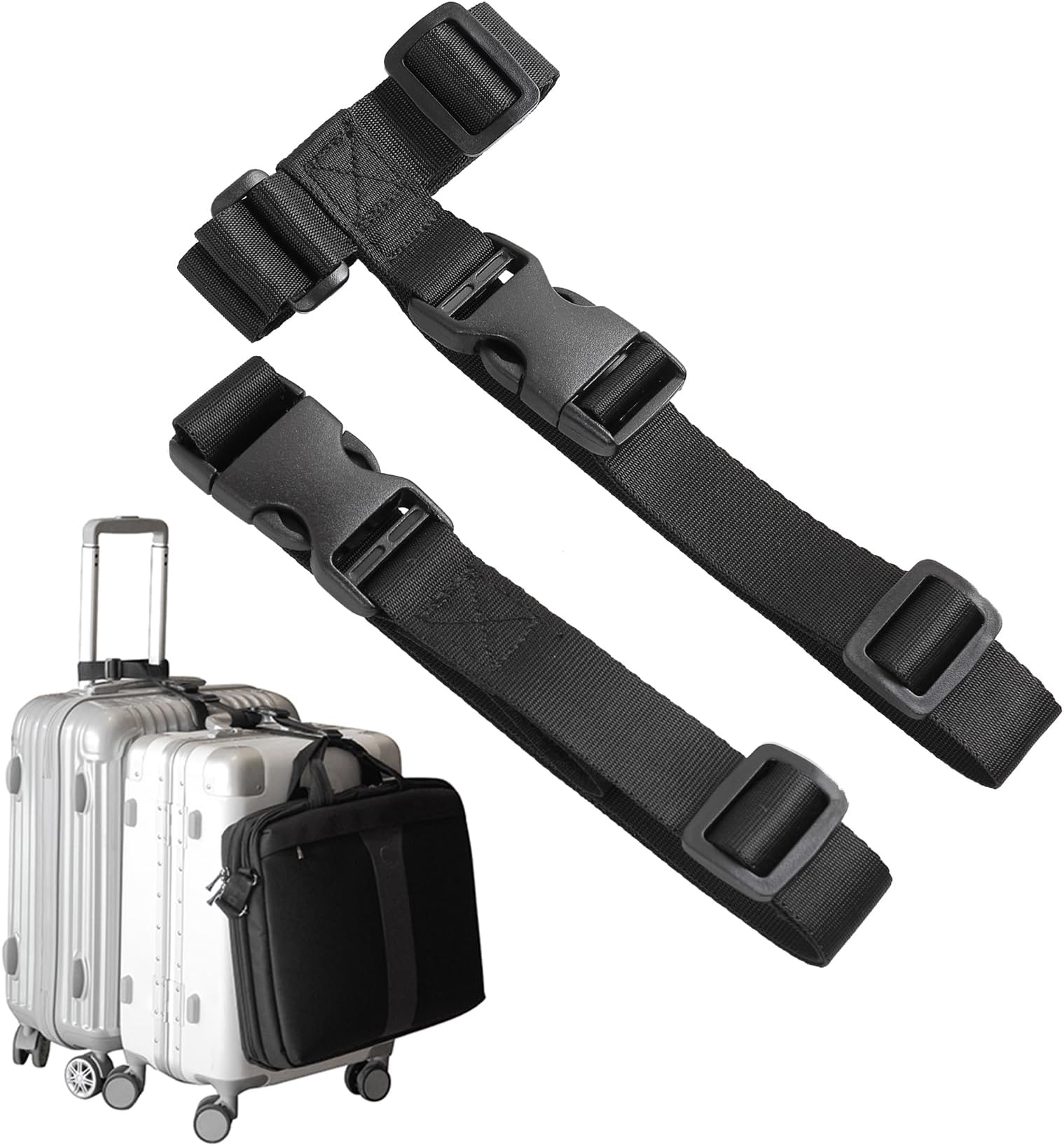 Luggage Straps,Two Add a Bag Suitcase Strap Belt,Adjustable Travel Attachment Accessories for Connect Your Three Luggage Together - 2 Pack(Black)