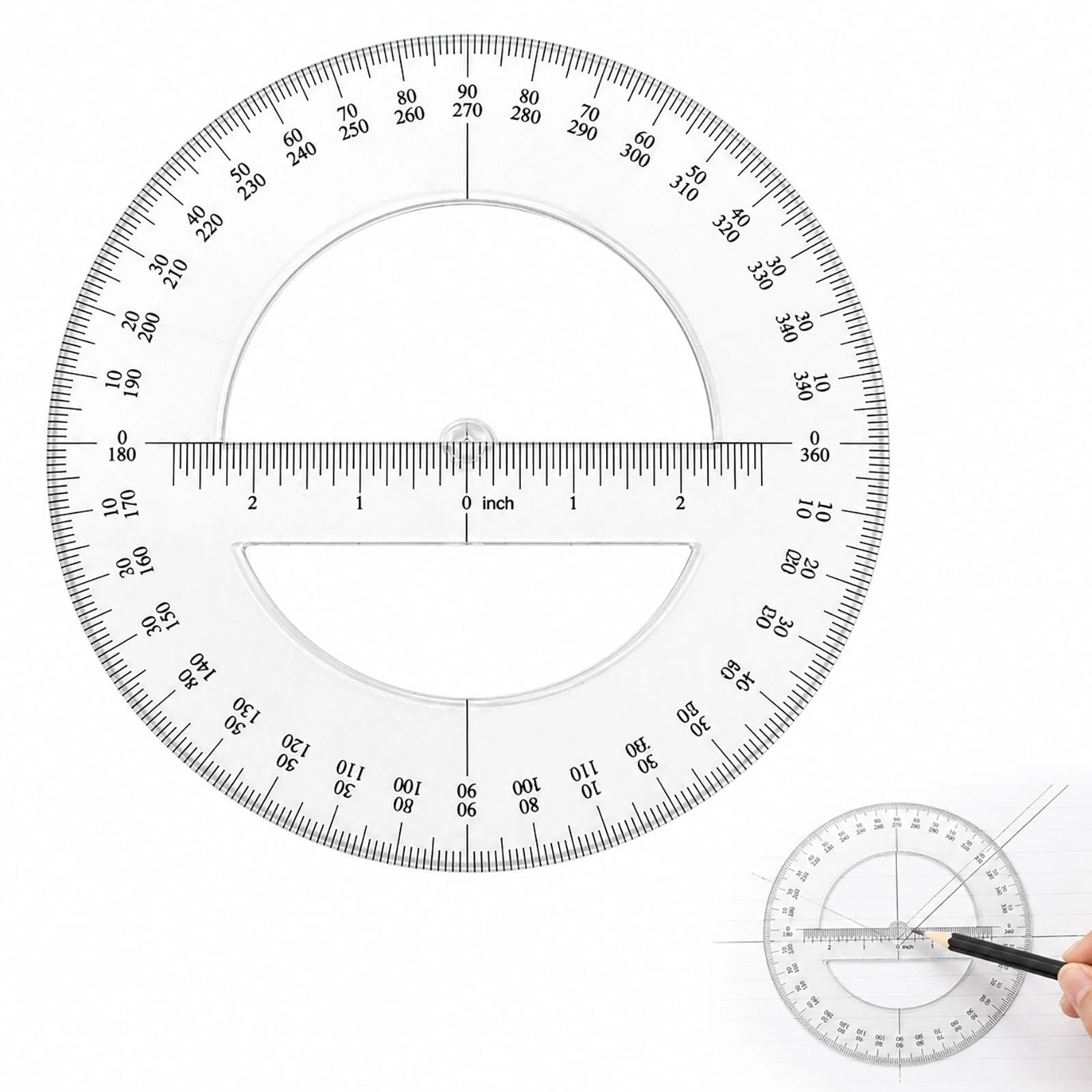 360 Degree Full Circle Protractor, 20cm Plastic Math Measuring Tool, Round Protractor Ruler for Geometry Drawing and Angle Measurement