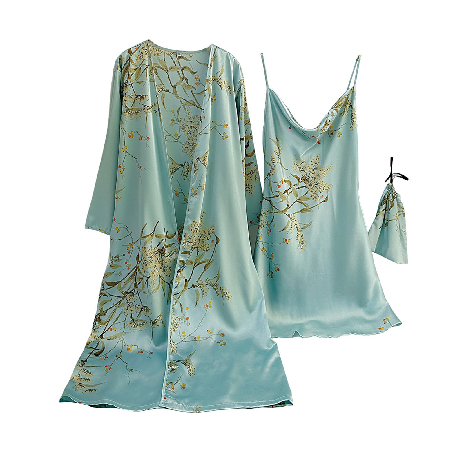 Generic Satynowa damska jedwabna koszula nocna Cami z zestawem szat 2-częściowa bielizna nocna Seksowna koszula nocna Kimonos,Light green,M