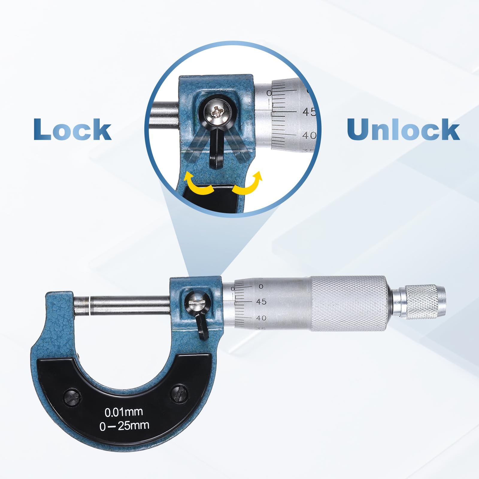 Herramienta de medición de precisión de grado industrial para metal, con rango métrico de 0 a 25 mm y precisión de +/-0,01 mm, con tope de trinquete, para maquinistas e ingenieros. Color azul.