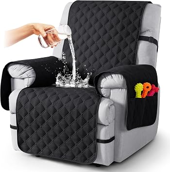 TAOCOCO 100% Waterproof Recliner Covers, Recliner Sofa Covers with Leg Straps, Reversible Recliner Couch Cover for Reclining Chair, Washable Couch Protector for Pets Kids1 Seater 22", Black