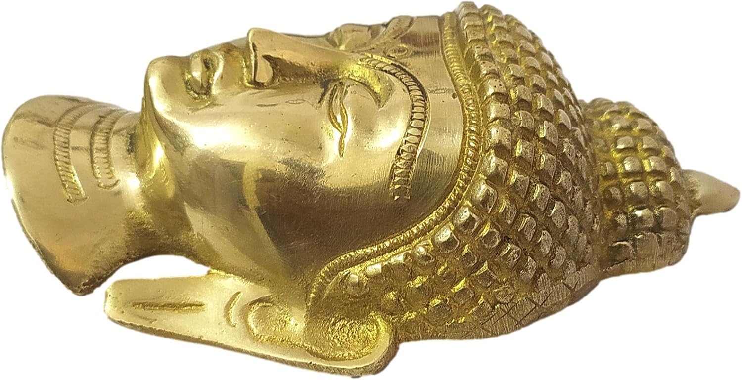 athizay Buddha Face Brass Hanging Sculpture Door or Wall Hanging Brass Metal Idol 13 x 8 cm for Home Decoration (Gold)