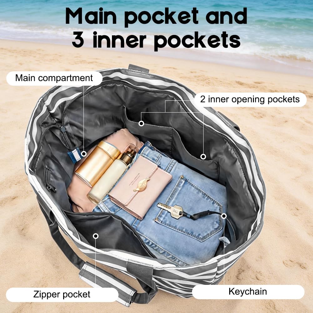 Gohytal Duża damska torba plażowa XXL z zamkiem błyskawicznym, składana torba kąpielowa, XXL, lekka torba plażowa, torba na basen, piknik, dojazdy do pracy, na zakupy, w podróż