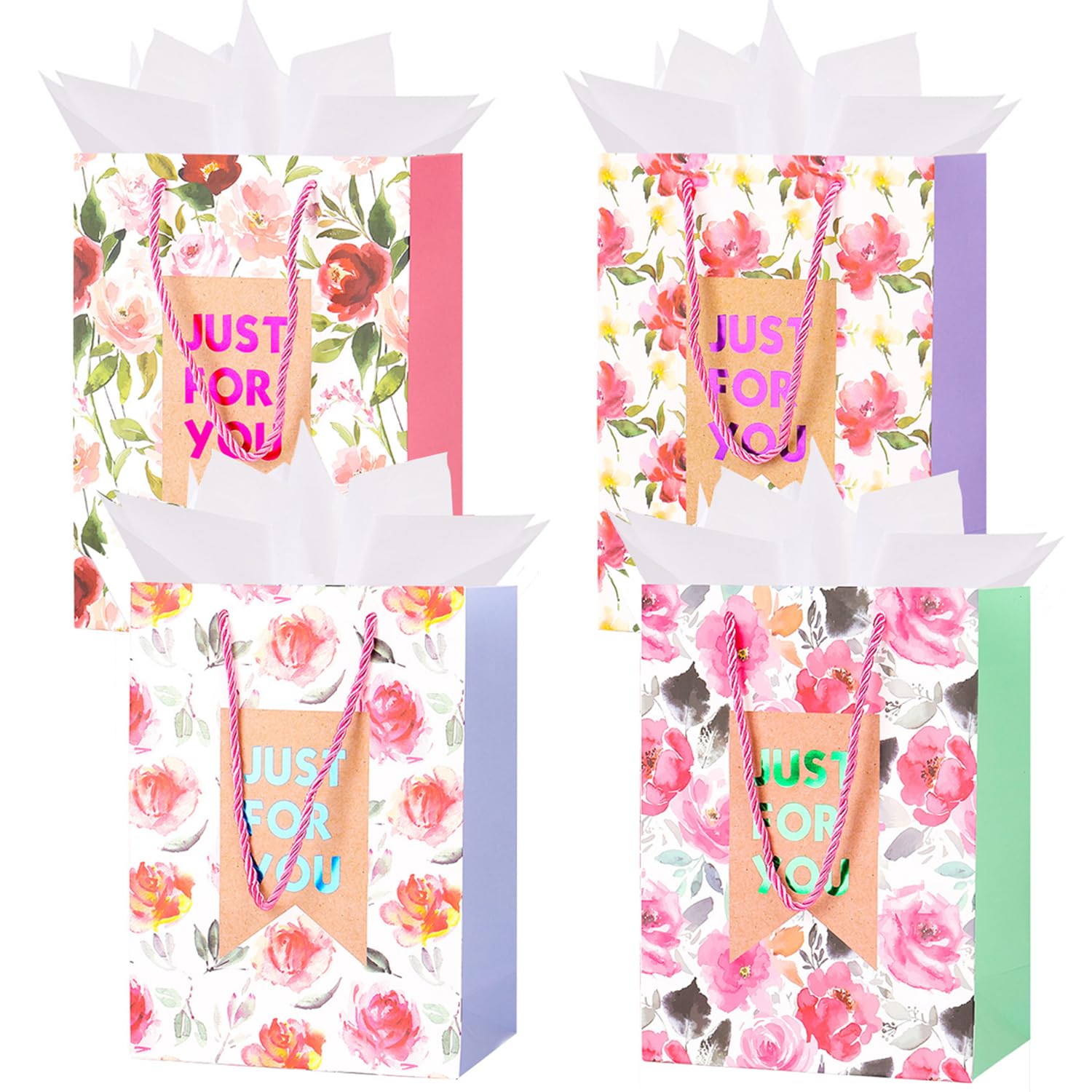 12.6Inch Gift Bags, 4 Pack Large Fower Paper Bag with Tissue Paper for Mother‘s Day Girl Women's Birthday Anniversary Wedding Thanksgiving Christmas... (Flower)