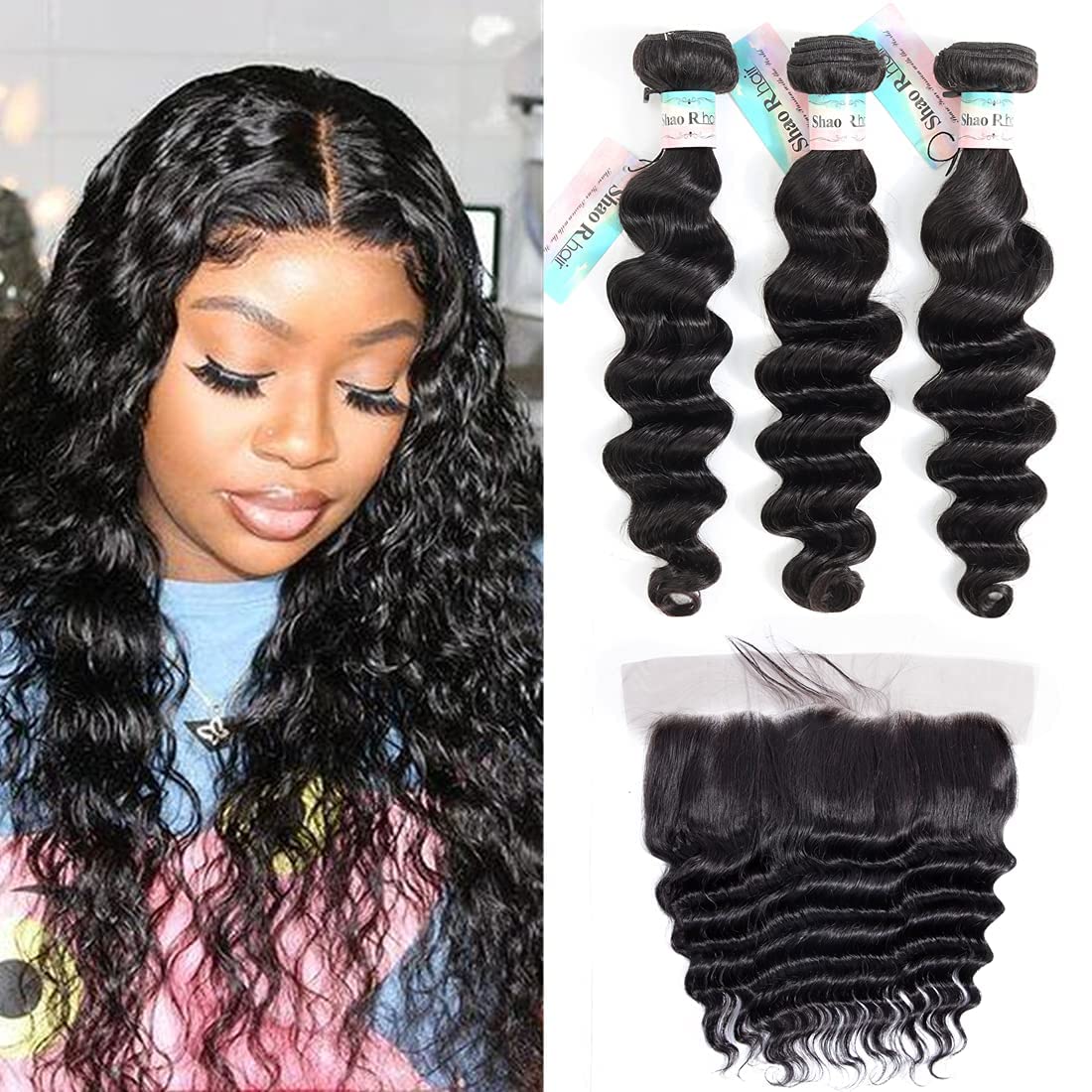 Loose Deep Wave Bundles with frontal,Brazilian Virgin Hair Loose Wave Bundles with 13x4 Frontal,100% Unprocessed Human Hair Loose Deep Bundles with Swiss Lace Frontal (14"16"18"with 12" Frontal)