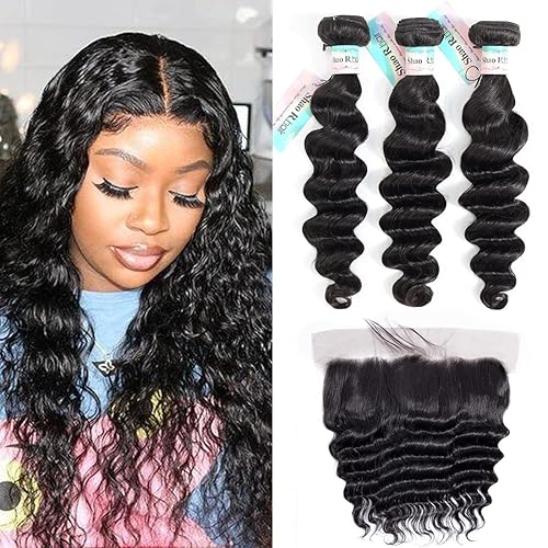 Miniatura 10 de 9A Extensiones de cabello 100% natural, ondulado, estilo brasileño, de corten suelto, 3 paquetes con encaje suizo. Color natural.